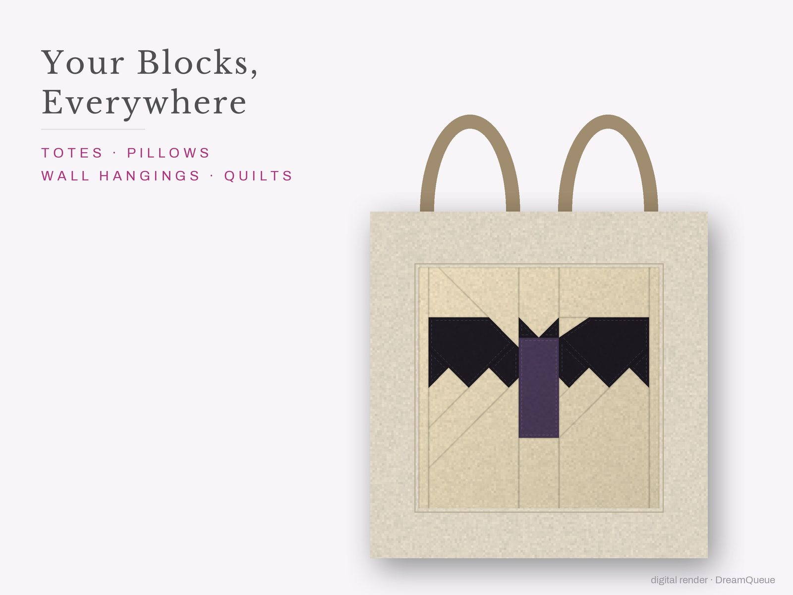 The Goth Vol. 2 bundle of 9 quilt blocks sewn into a tote bag, one idea for totes, pillows, wall hangings and quilts