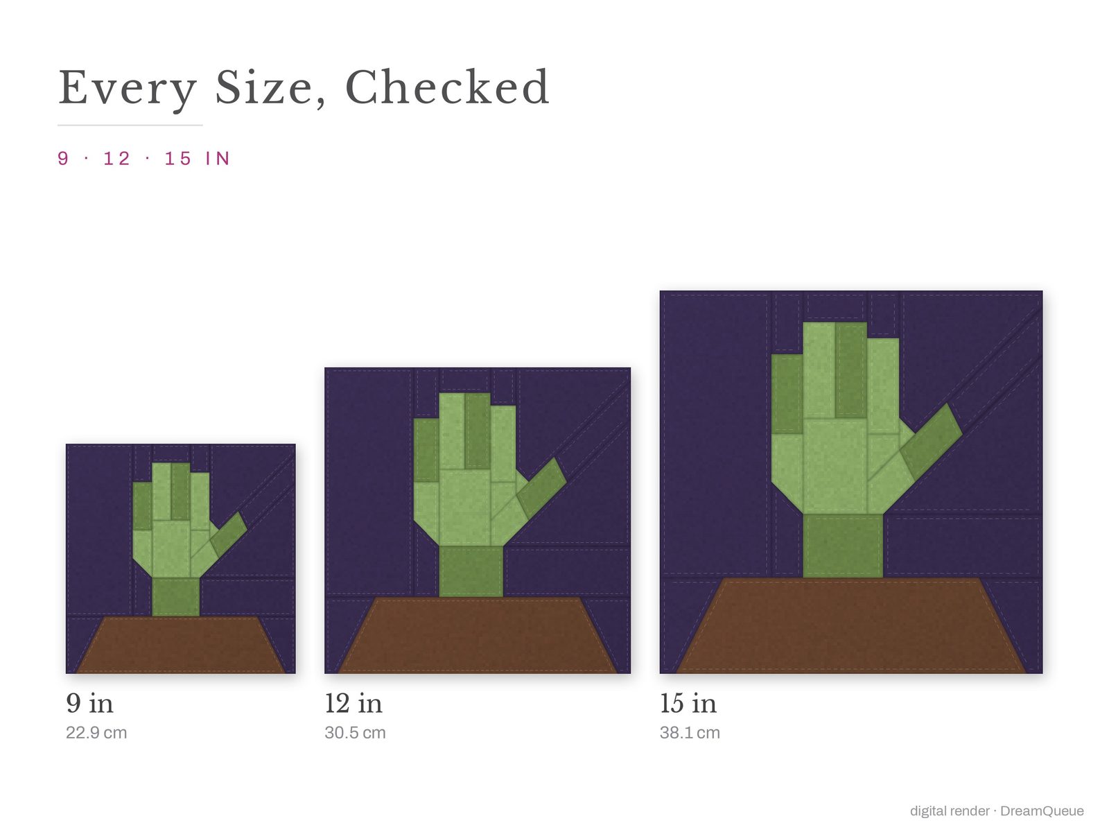 The Hand From the Grave quilt block at every finished size: 9, 12 and 15 inch