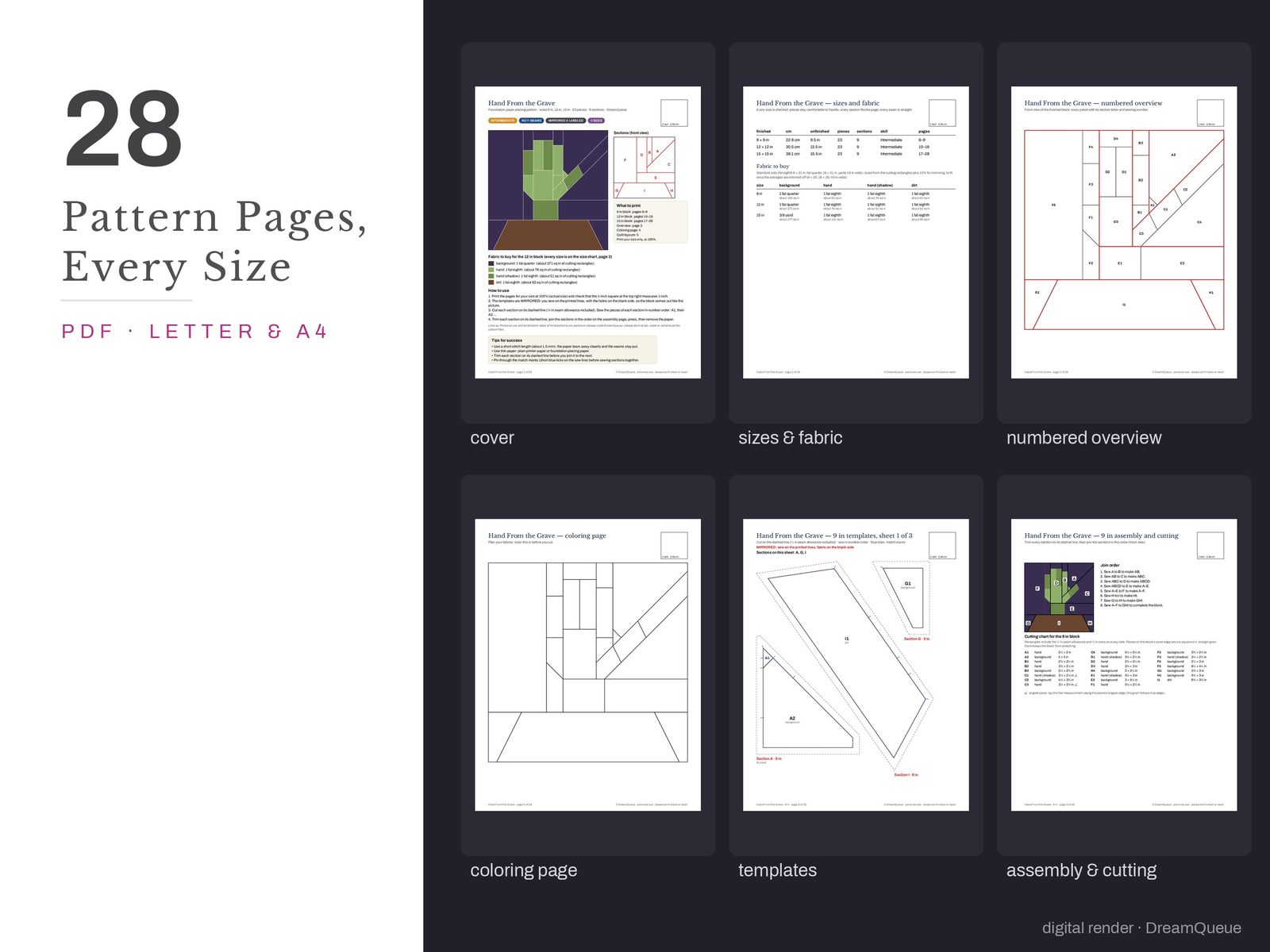 Thumbnails of the Hand From the Grave quilt block pattern pages: cover, size and fabric chart, numbered overview, coloring page, templates, assembly and cutting chart