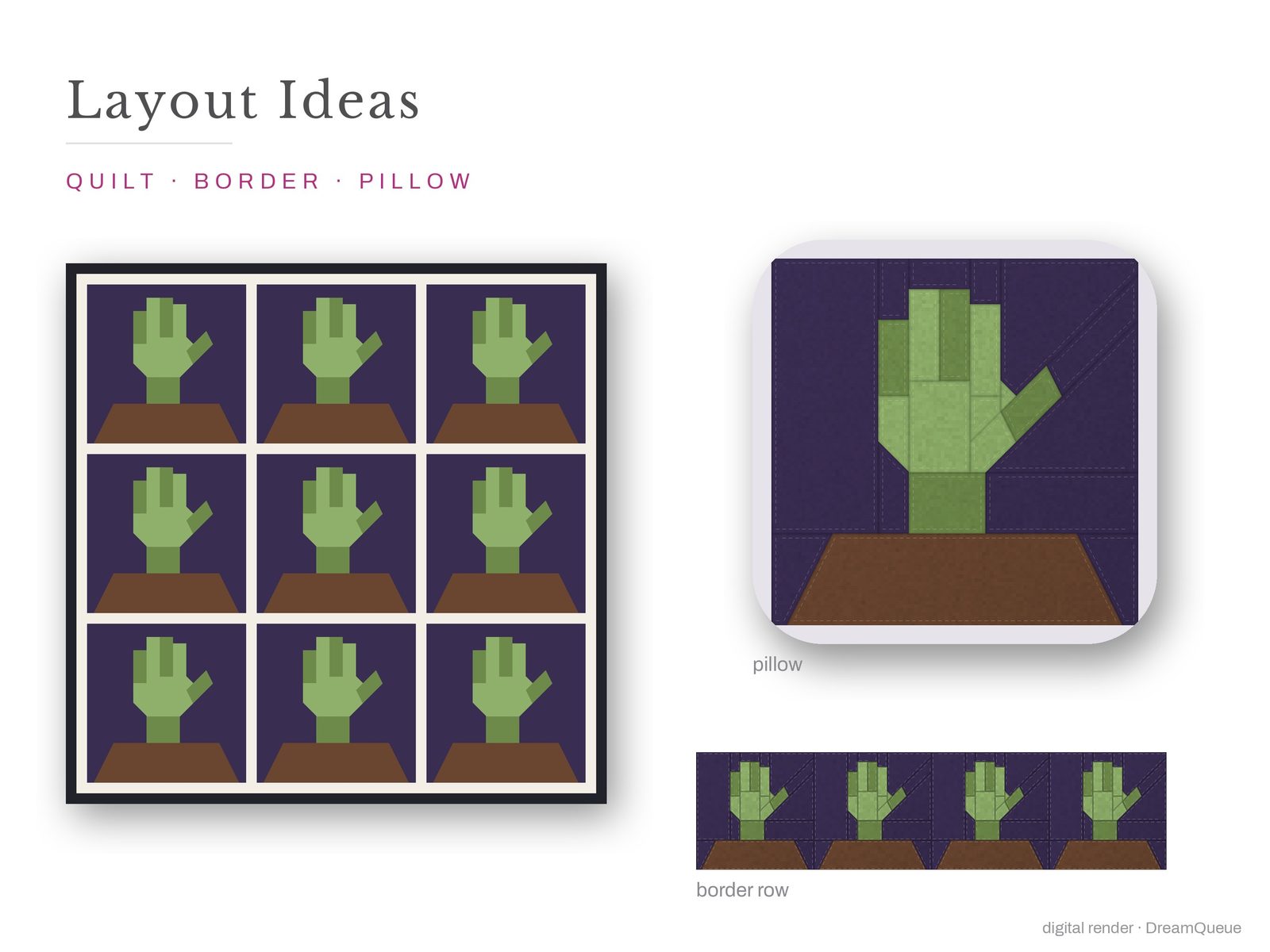 Layout ideas for the Hand From the Grave quilt block: a full quilt, a border row and a pillow