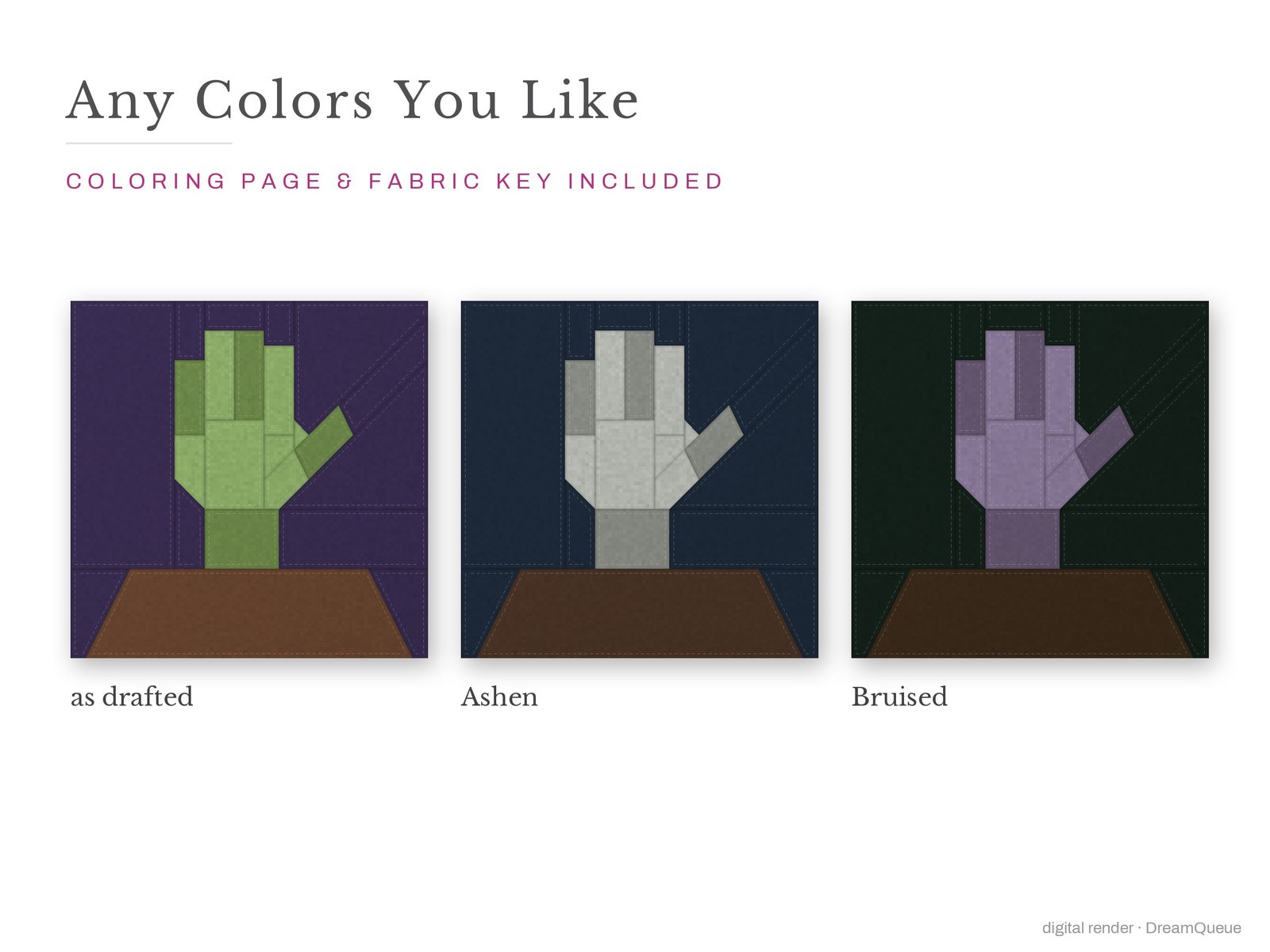 The Hand From the Grave quilt block in three colorways, as drafted, pastel and jewel tones; a coloring page and fabric key are included