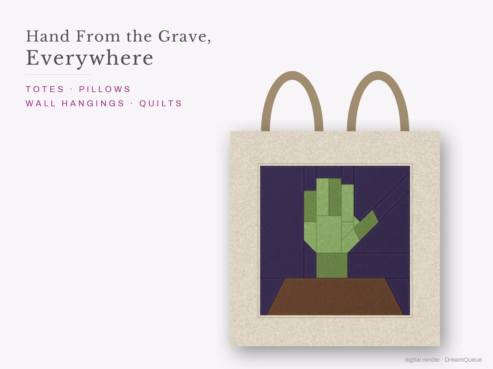 The Hand From the Grave quilt block sewn into a tote bag, one idea for totes, pillows, wall hangings and quilts