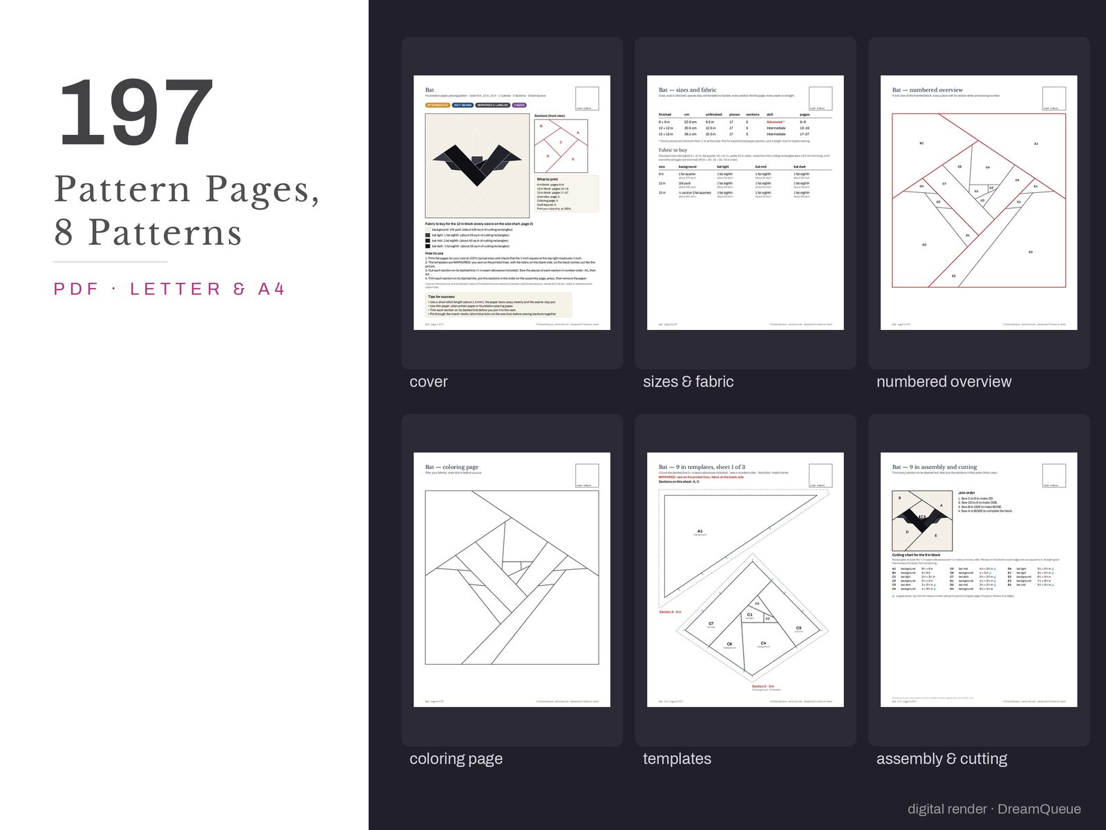 Thumbnails of the Halloween bundle of 8 quilt blocks pattern pages: cover, size and fabric chart, numbered overview, coloring page, templates, assembly and cutting chart