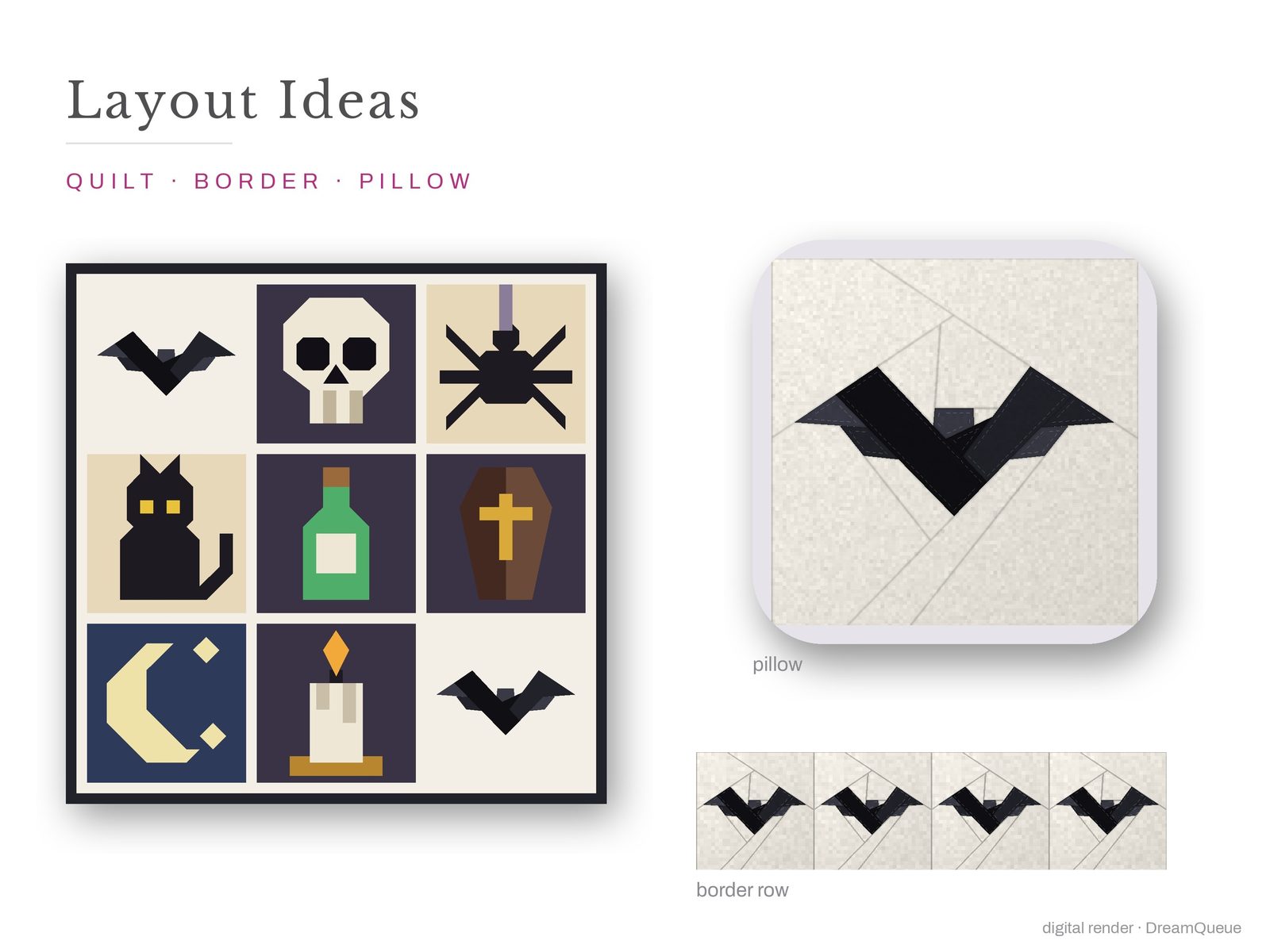 Layout ideas for the Halloween bundle of 8 quilt blocks: a full quilt, a border row and a pillow