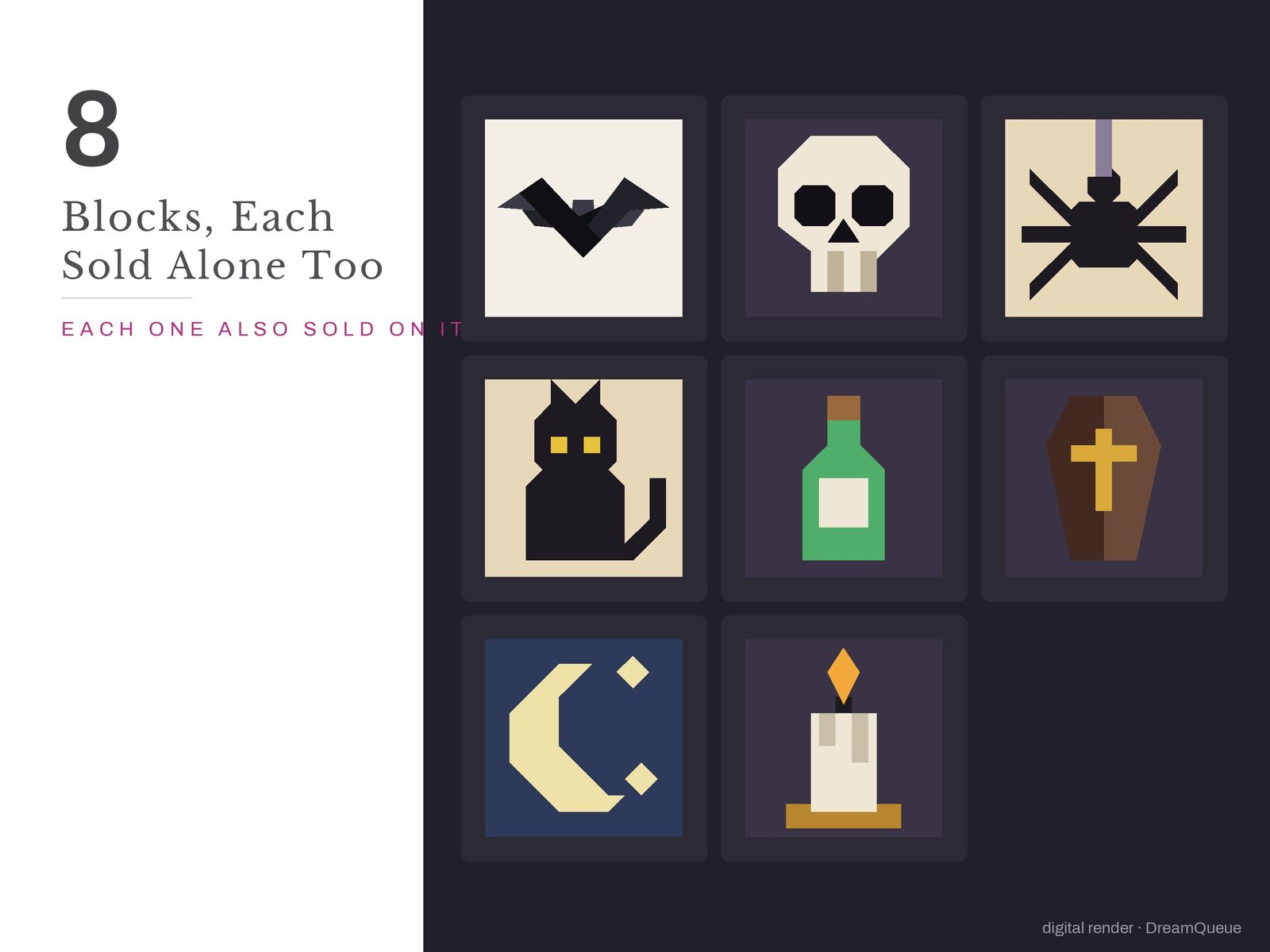All 8 blocks in the Halloween bundle: Bat, Skull, Spider, Black Cat, Potion Bottle, Coffin, Crescent Moon, Candle; each is also sold on its own