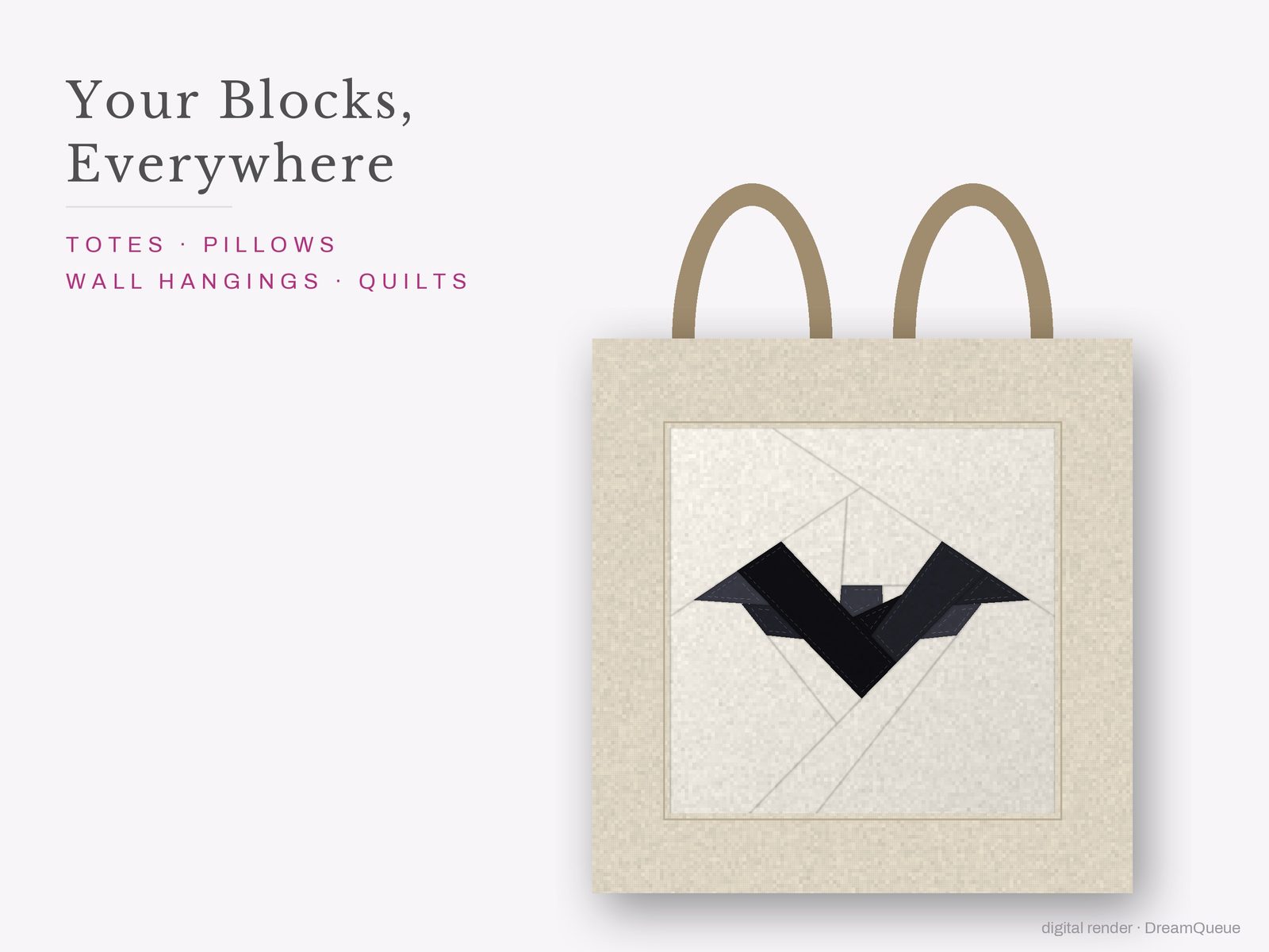 The Halloween bundle of 8 quilt blocks sewn into a tote bag, one idea for totes, pillows, wall hangings and quilts