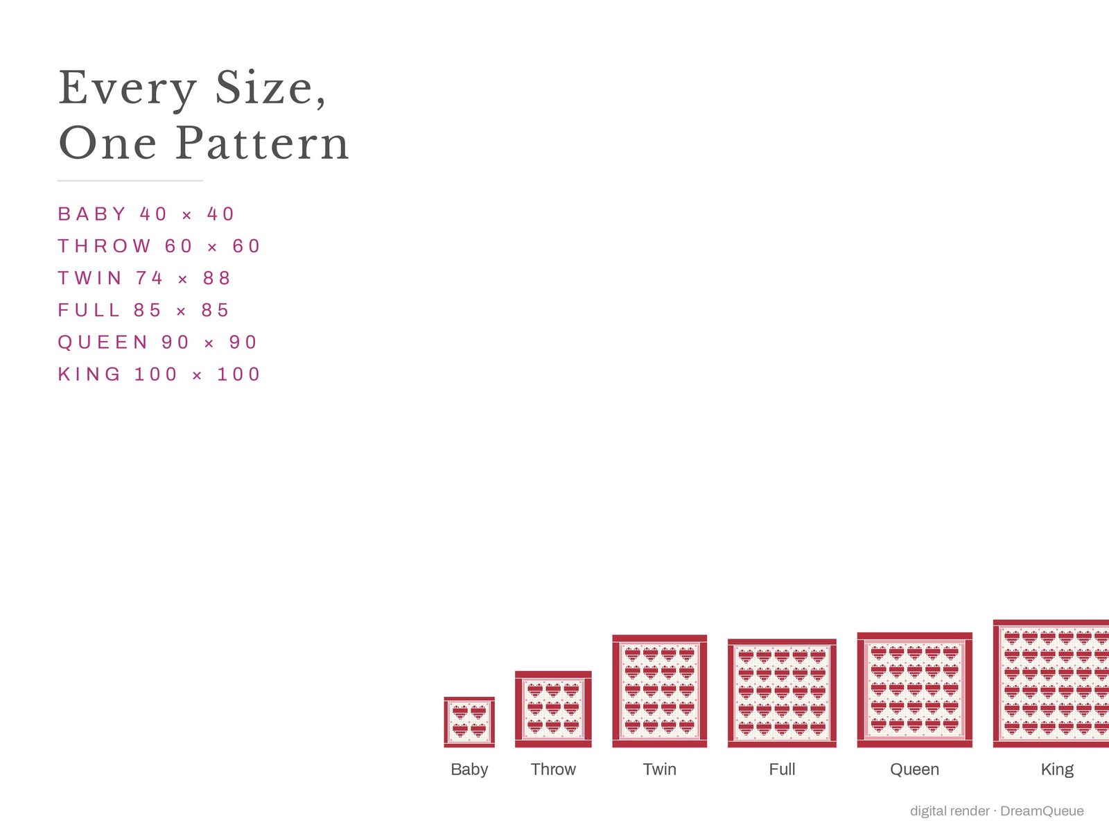 The Patchwork Heart quilt in every size, baby to king, drawn to scale
