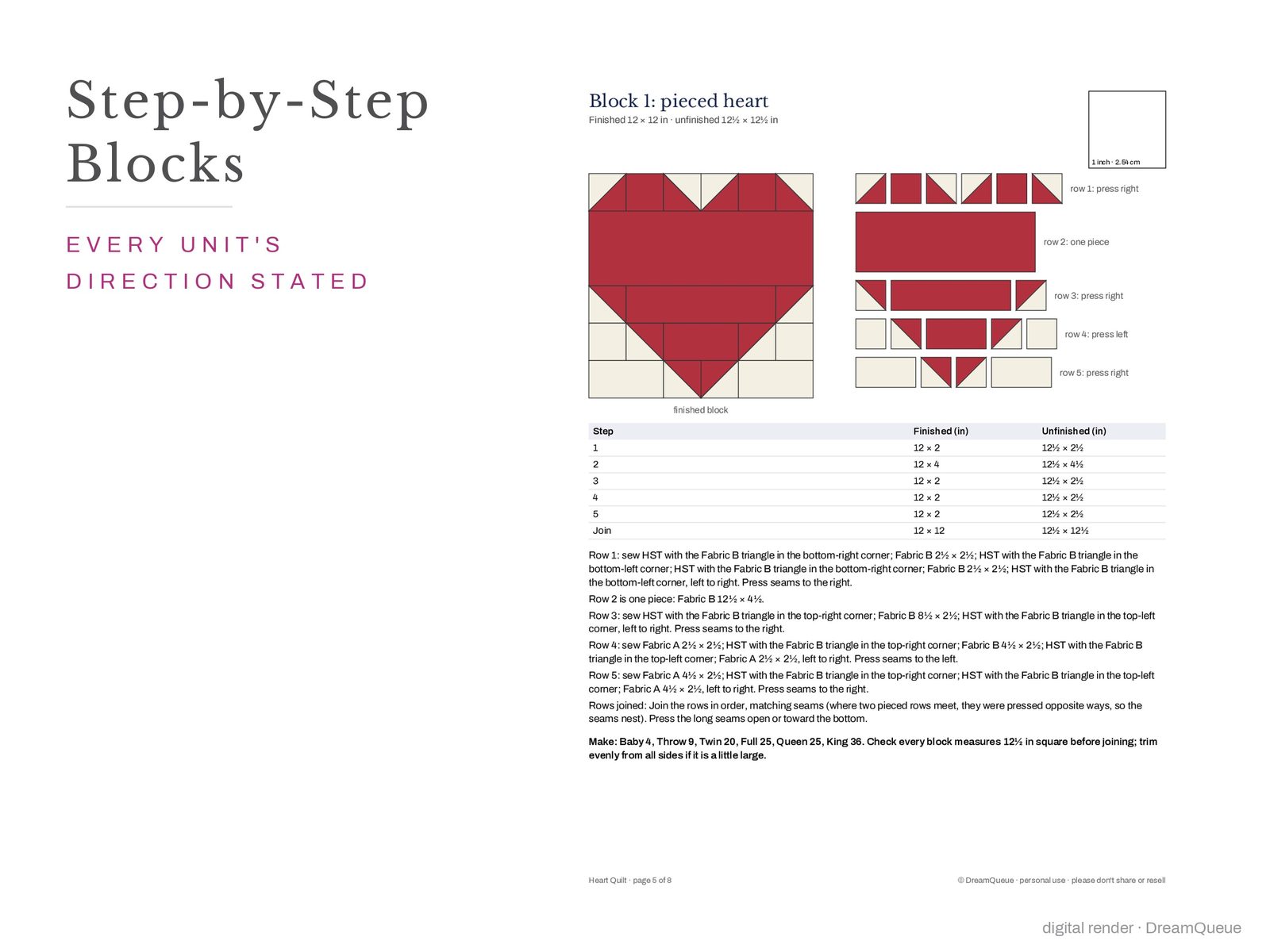 Block assembly page of the Patchwork Heart quilt pattern with every unit's orientation