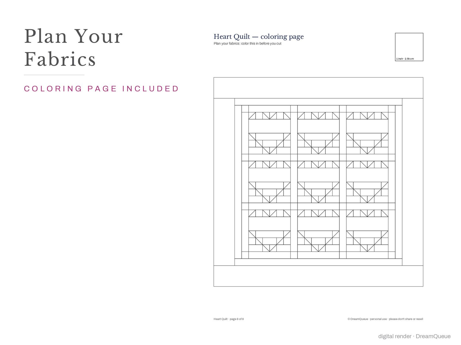 Coloring page of the Patchwork Heart quilt for planning fabrics