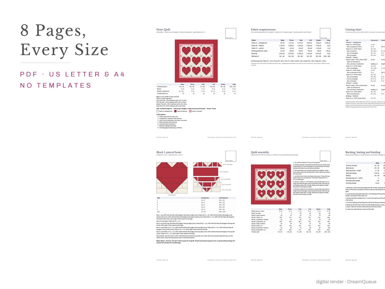 Thumbnails of every page of the Patchwork Heart quilt pattern, US Letter and A4