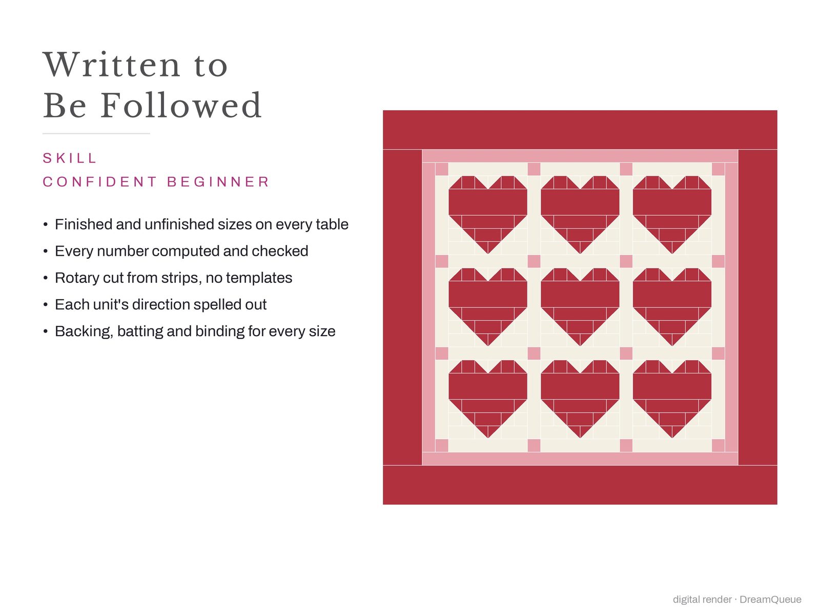 What makes the Patchwork Heart quilt pattern easy to follow, beside the finished quilt