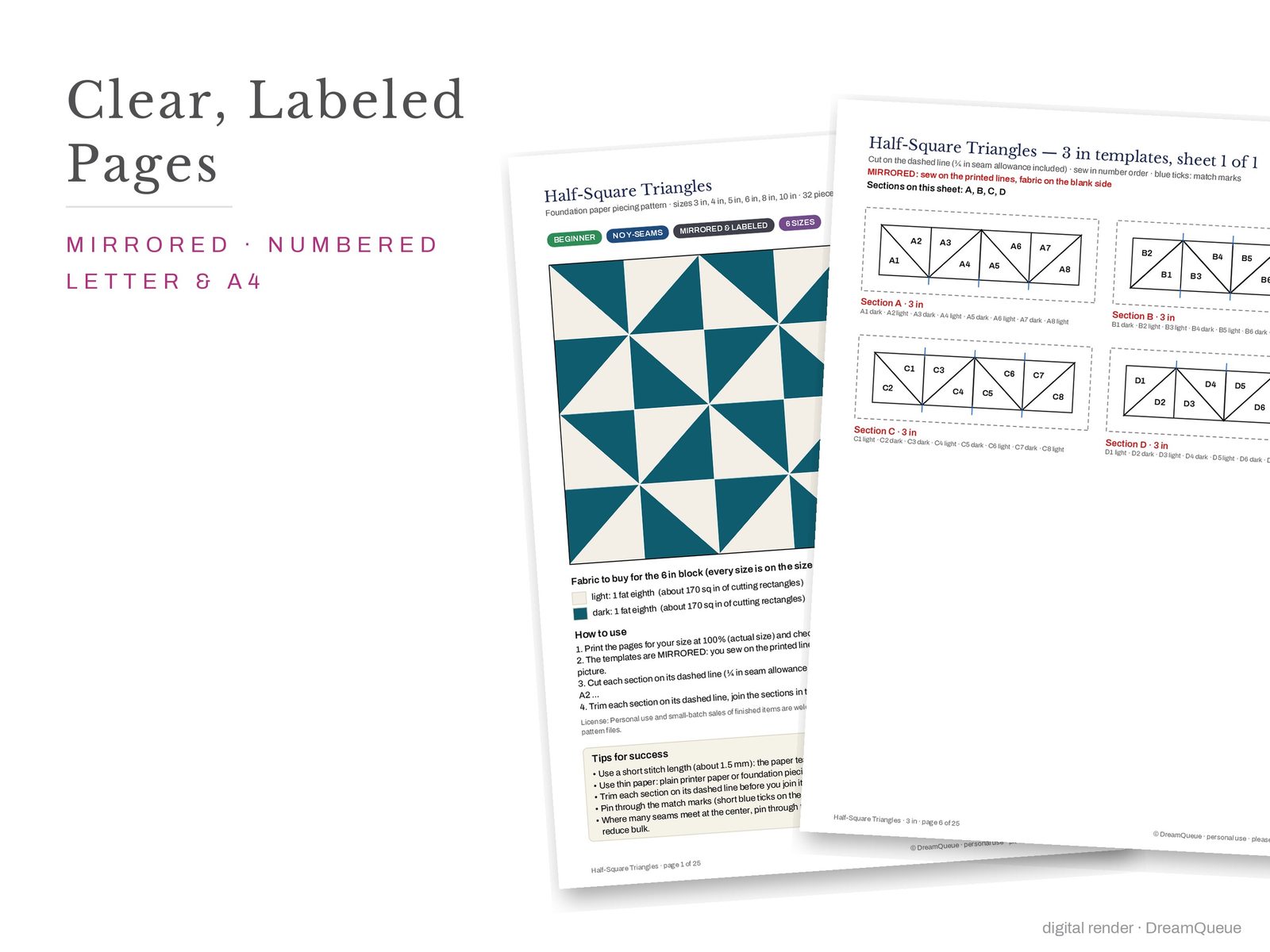 Cover page and a mirrored, numbered template sheet from the Half-Square Triangles quilt block FPP pattern