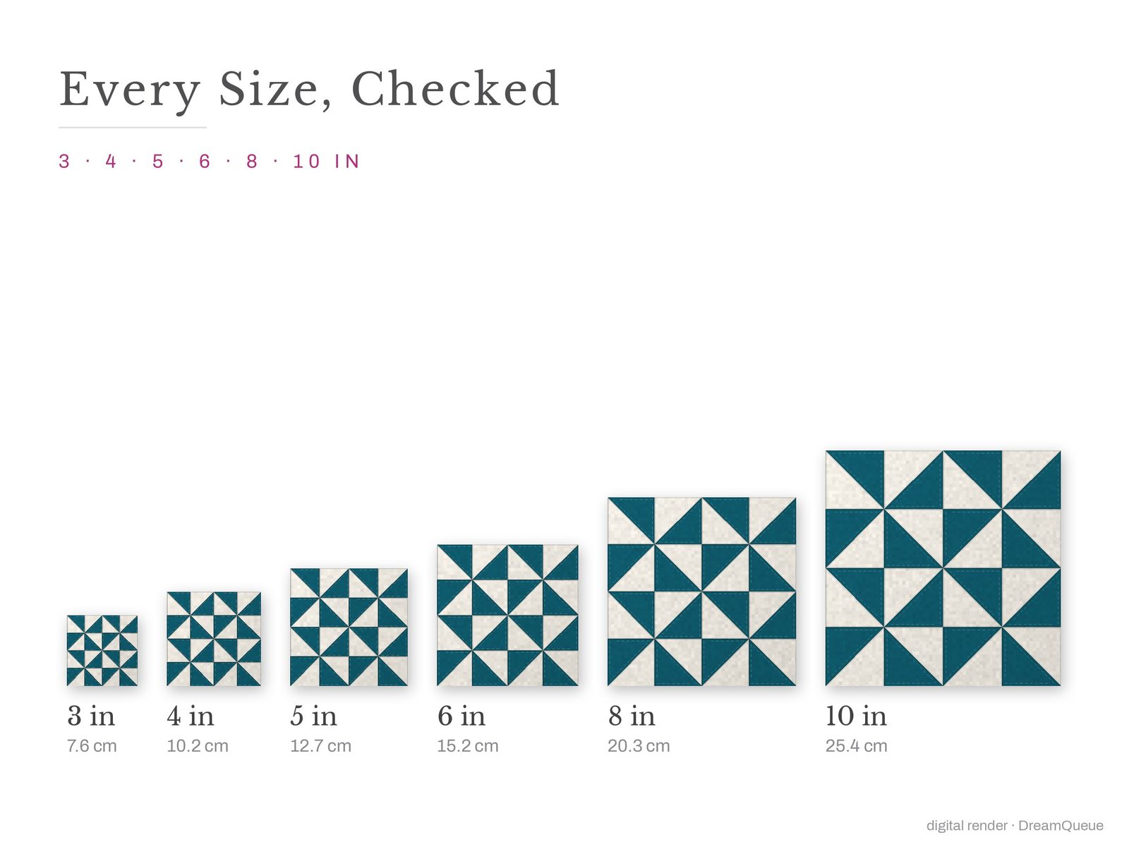 The Half-Square Triangles quilt block at every finished size: 3, 4, 5, 6, 8 and 10 inch
