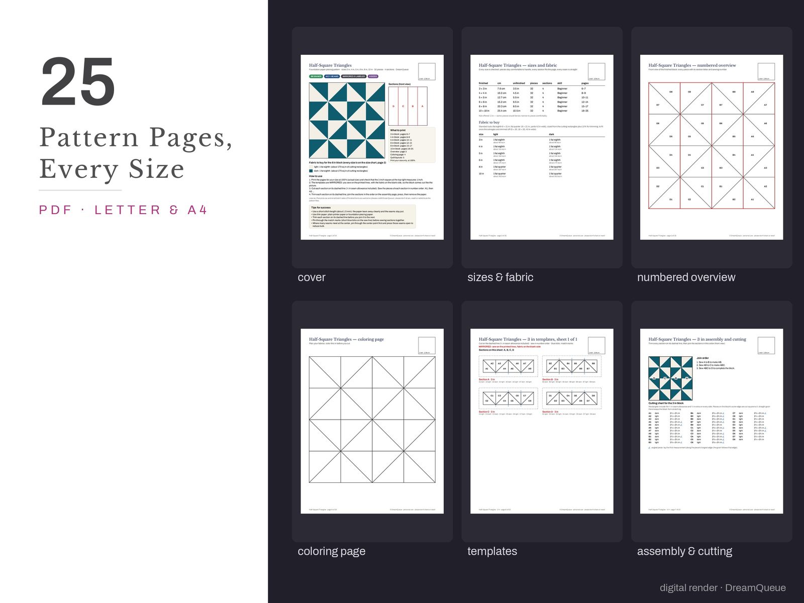Thumbnails of the Half-Square Triangles quilt block pattern pages: cover, size and fabric chart, numbered overview, coloring page, templates, assembly and cutting chart