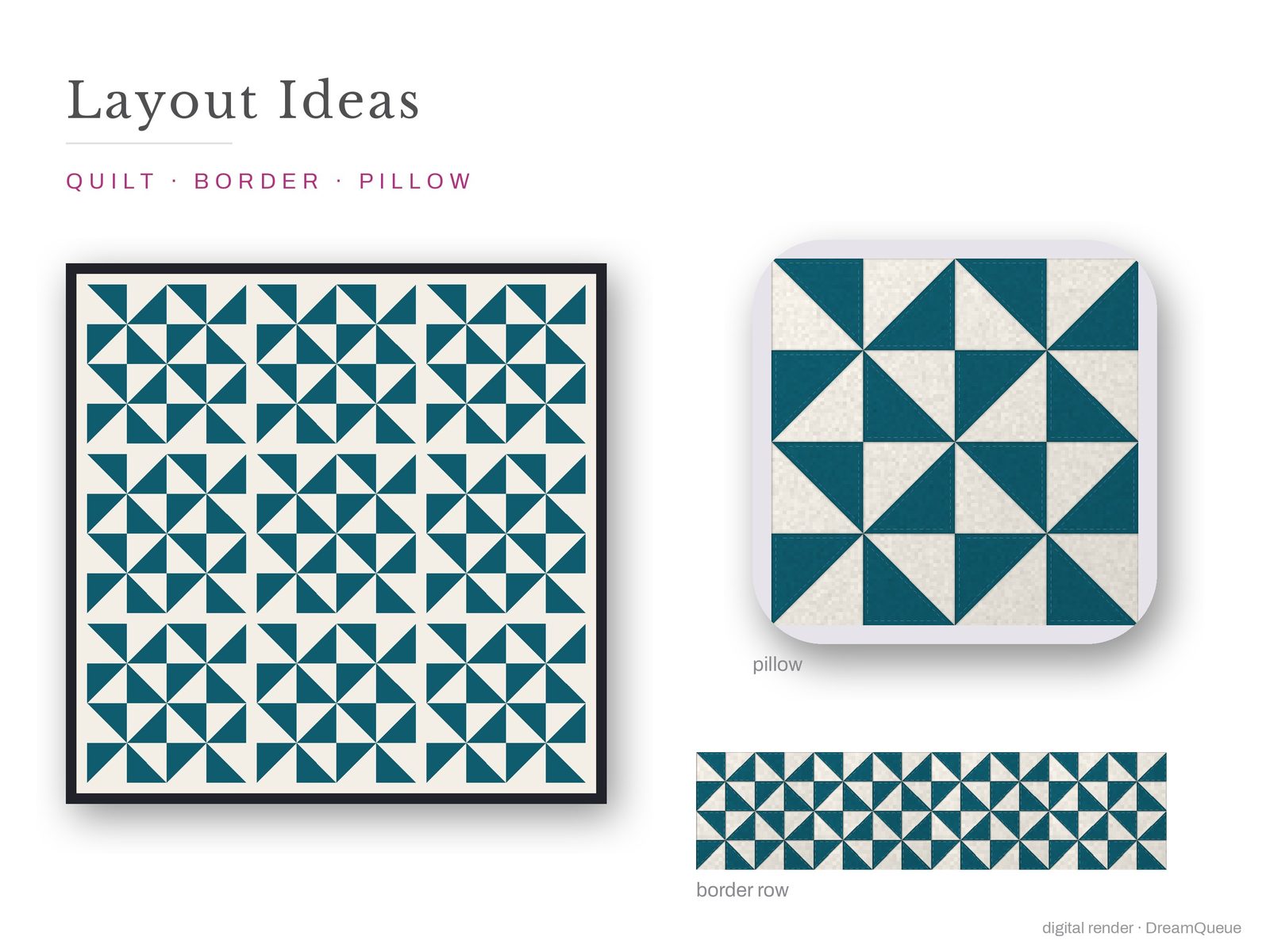 Layout ideas for the Half-Square Triangles quilt block: a full quilt, a border row and a pillow