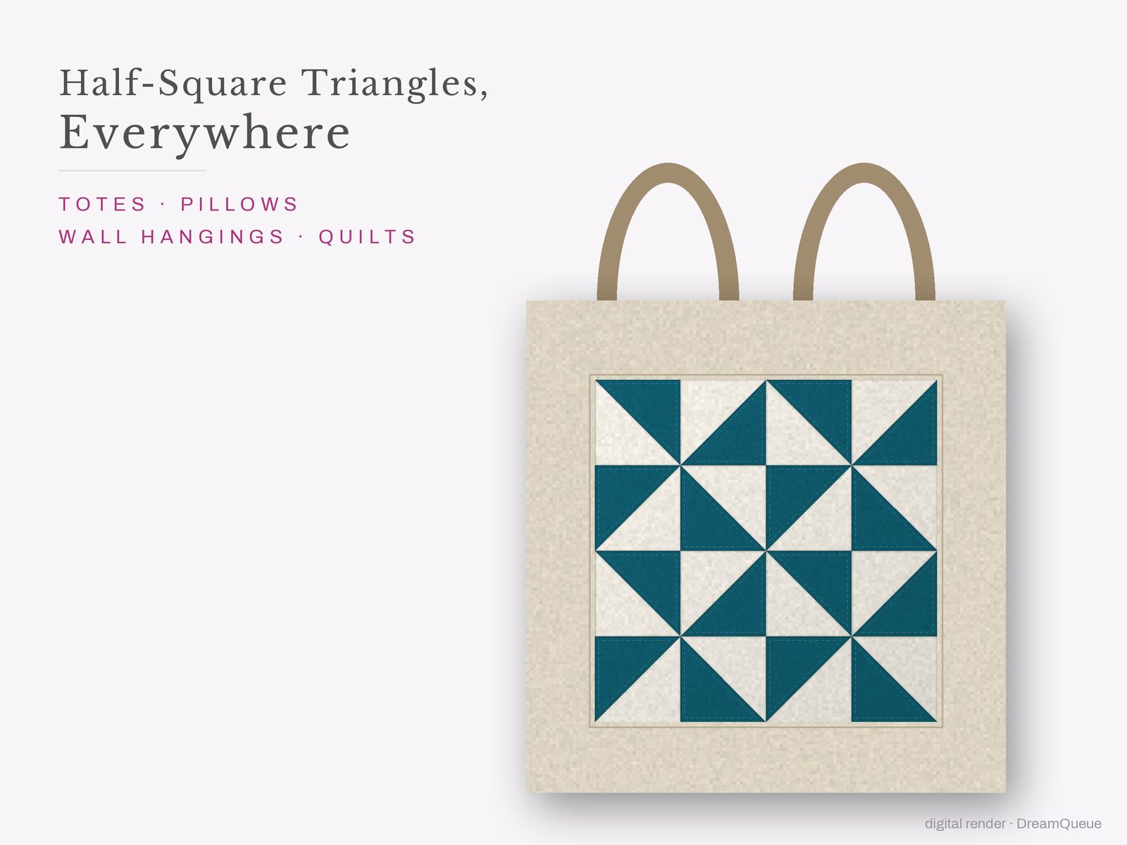The Half-Square Triangles quilt block sewn into a tote bag, one idea for totes, pillows, wall hangings and quilts