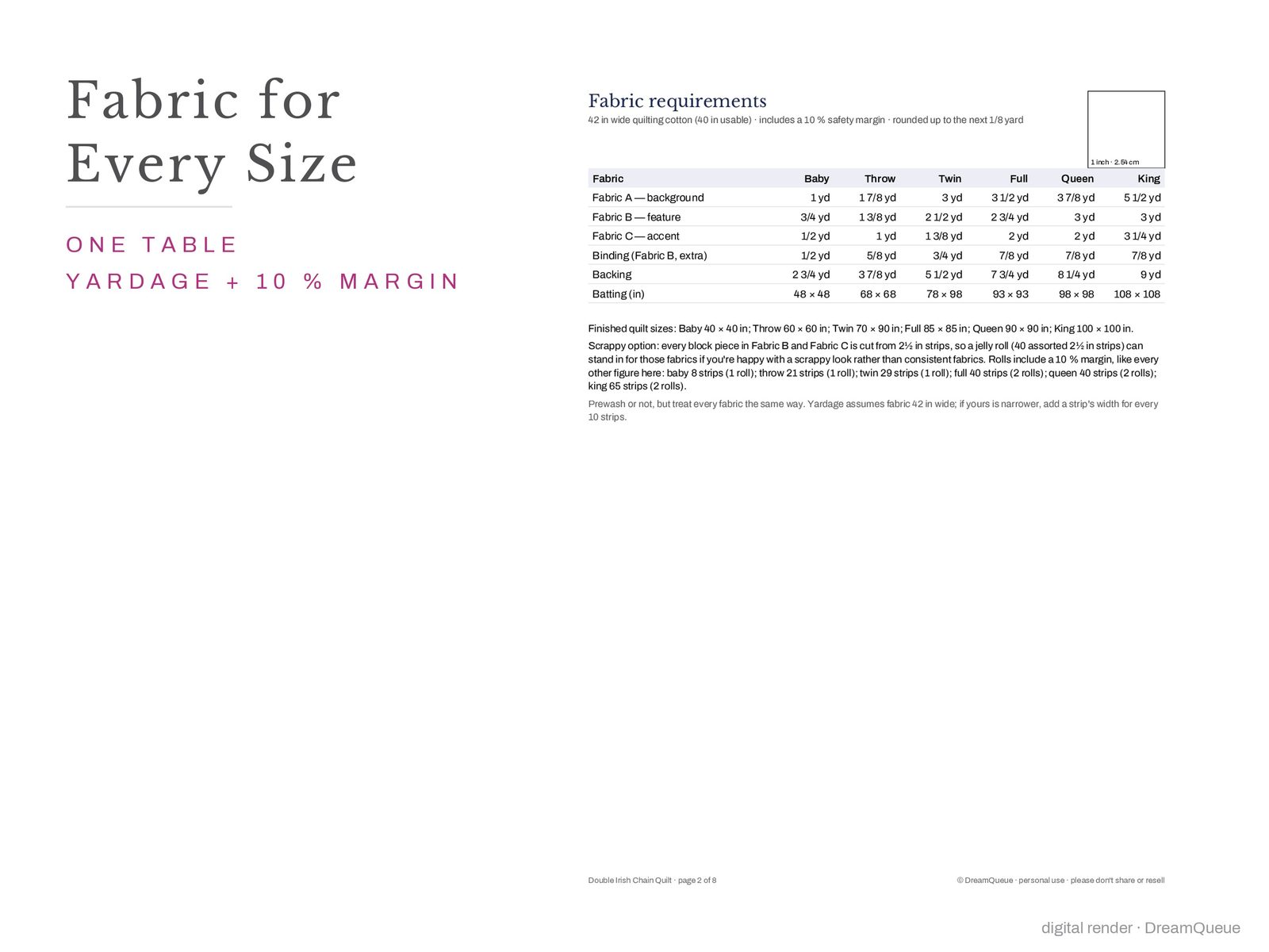 Fabric requirements page of the Double Irish Chain quilt pattern: yardage for every size in one table