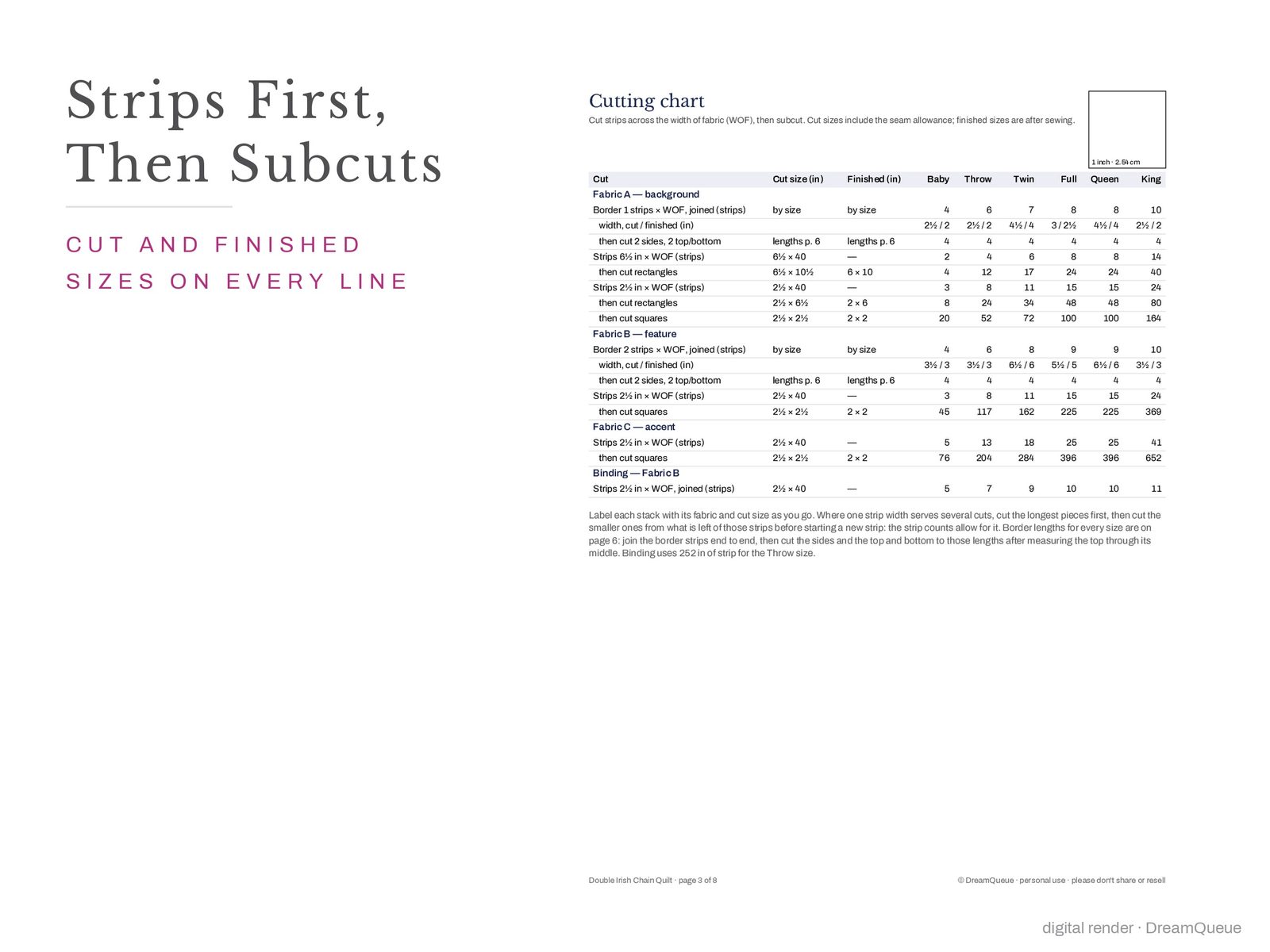 Cutting chart page of the Double Irish Chain quilt pattern: strips first, then subcuts, cut and finished sizes