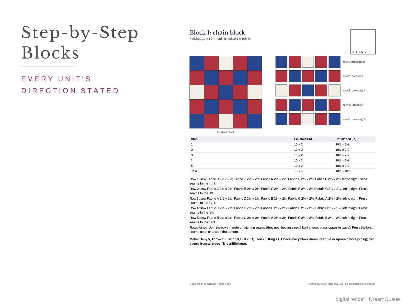 Block assembly page of the Double Irish Chain quilt pattern with every unit's orientation