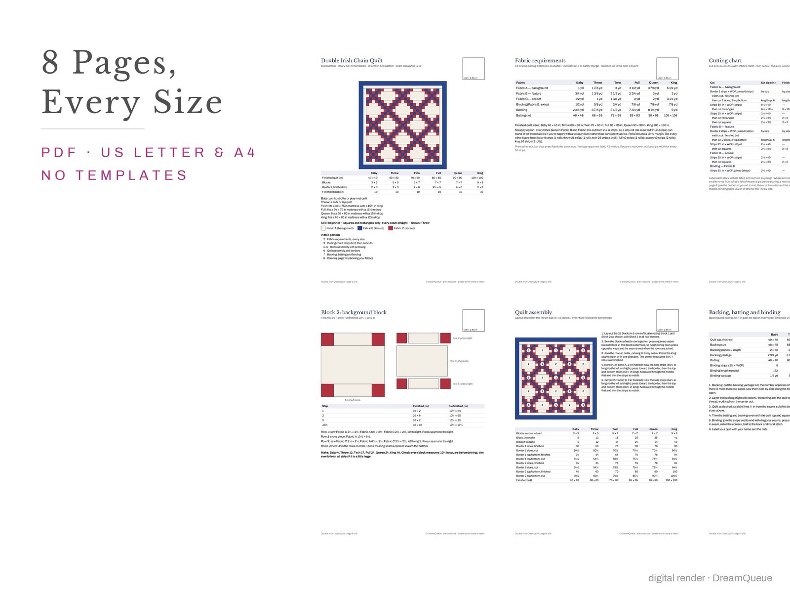 Thumbnails of every page of the Double Irish Chain quilt pattern, US Letter and A4