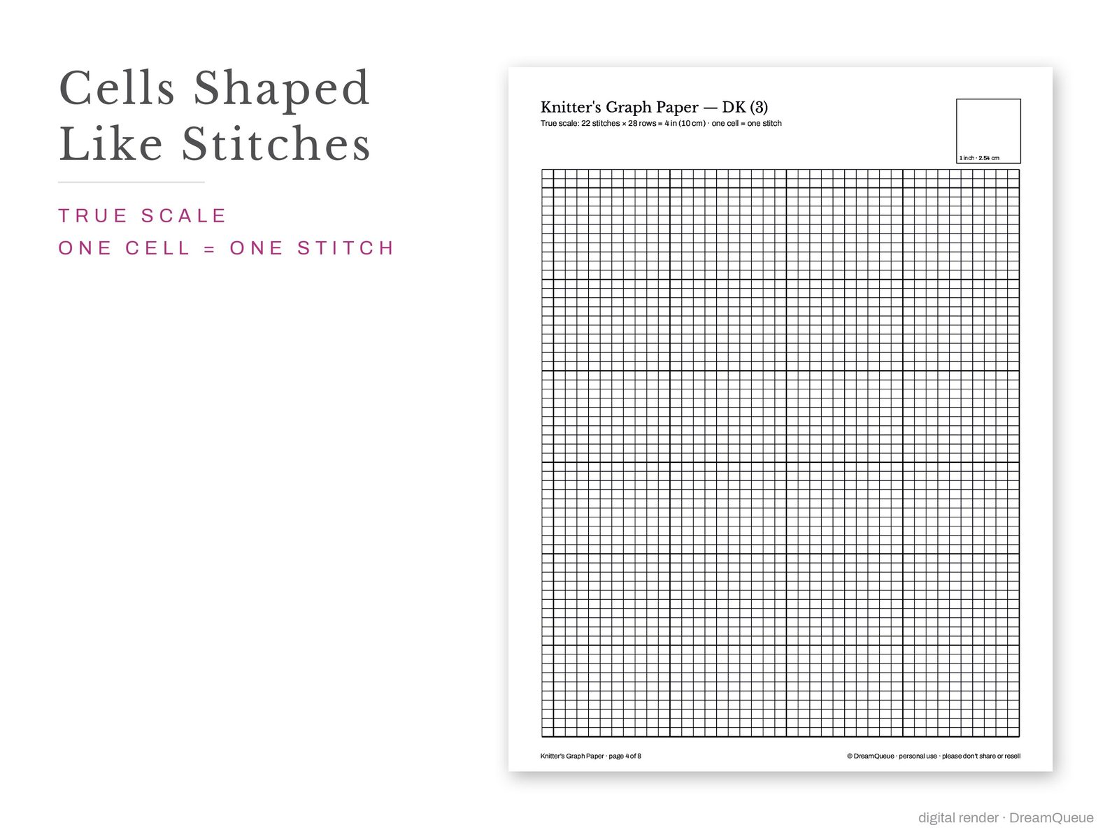 DK knitting graph paper with stitch-shaped cells