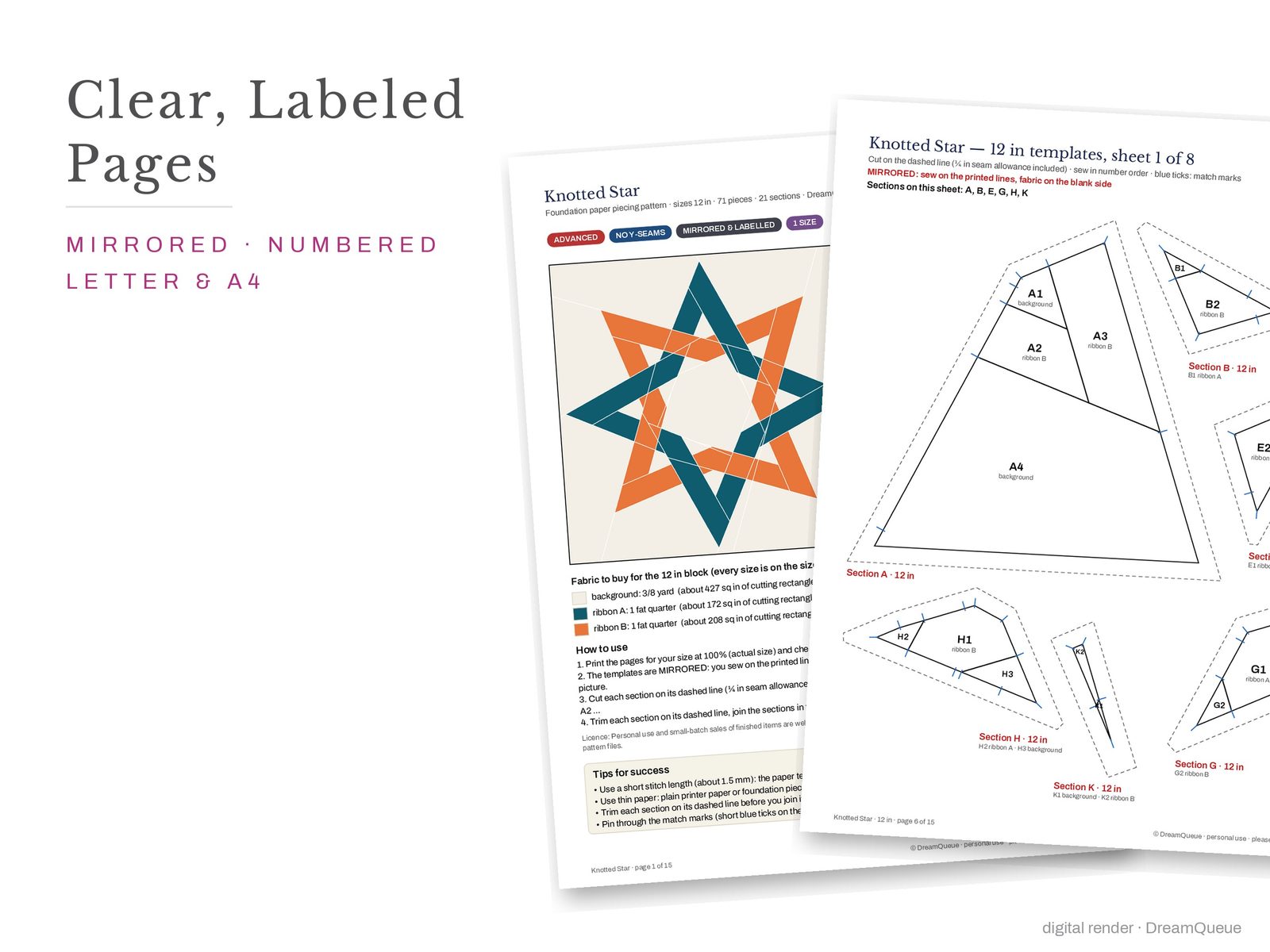 Cover page and a mirrored, numbered template sheet from the Knotted Star quilt block FPP pattern