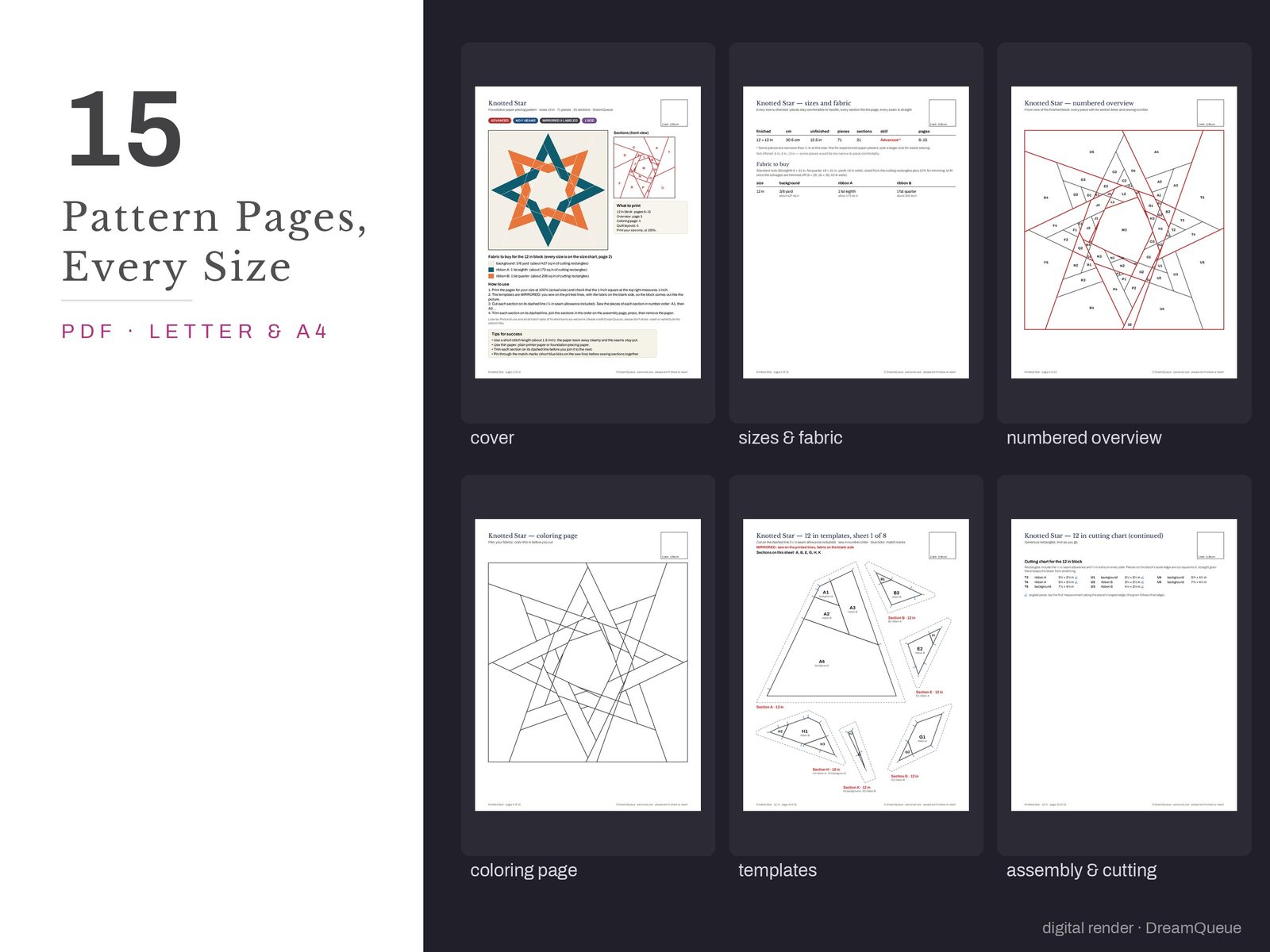 Thumbnails of the Knotted Star quilt block pattern pages: cover, size and fabric chart, numbered overview, coloring page, templates, assembly and cutting chart