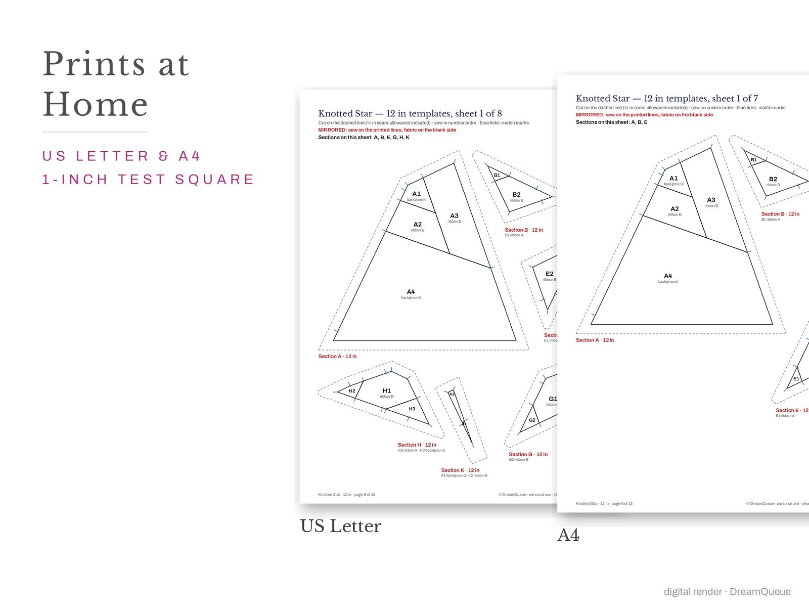 Knotted star quilt block templates printed on US Letter and A4 paper with a 1-inch test square to check the print scale