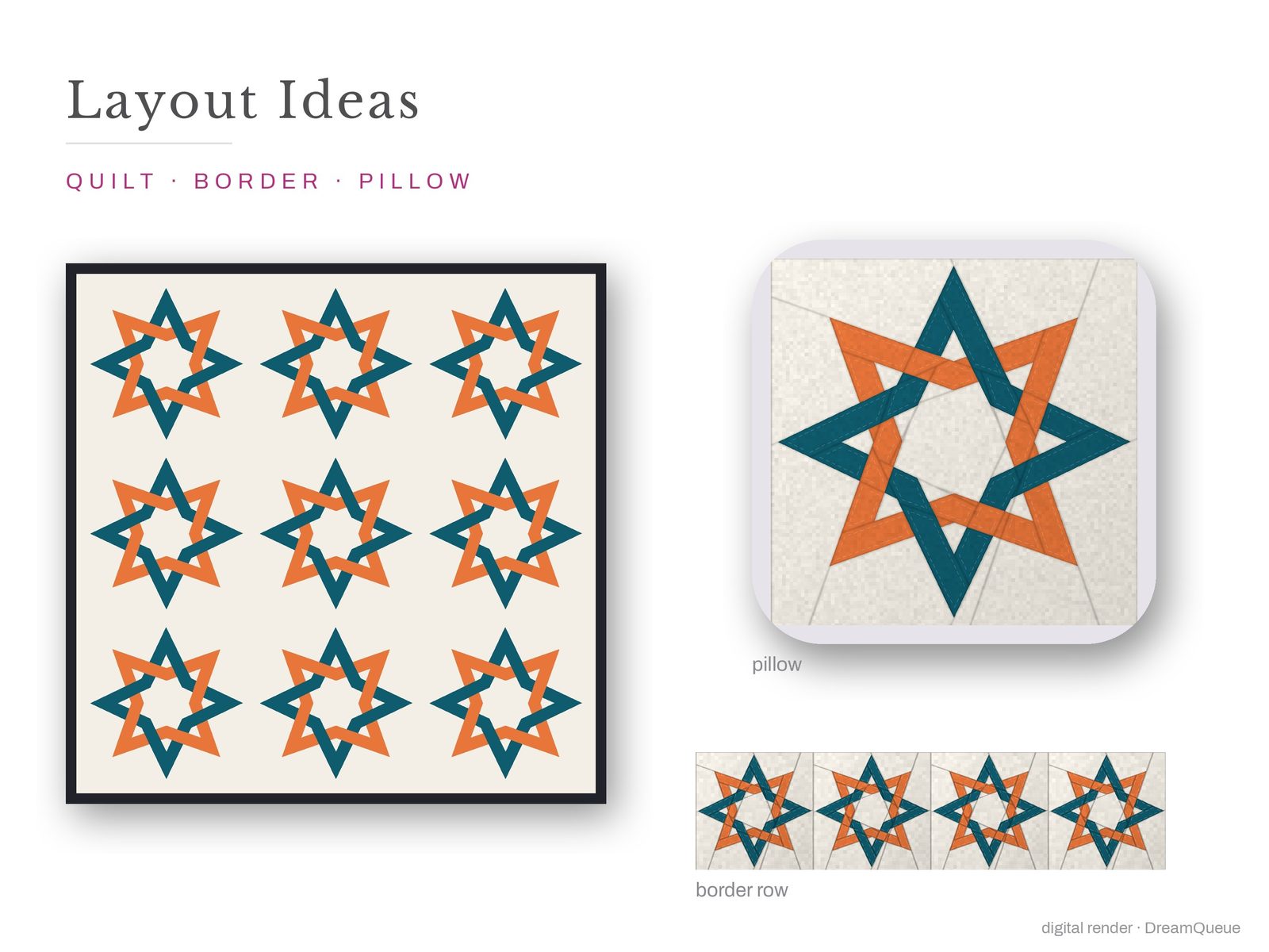 Layout ideas for the Knotted Star quilt block: a full quilt, a border row and a pillow