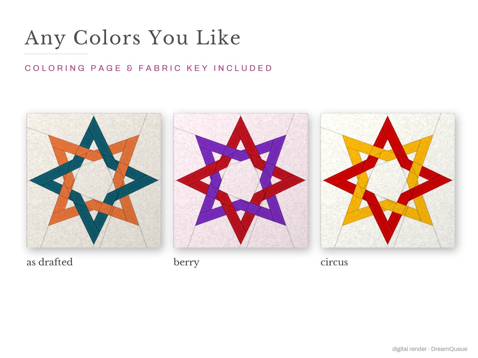 The Knotted Star quilt block in three colorways, as drafted, pastel and jewel tones; a coloring page and fabric key are included