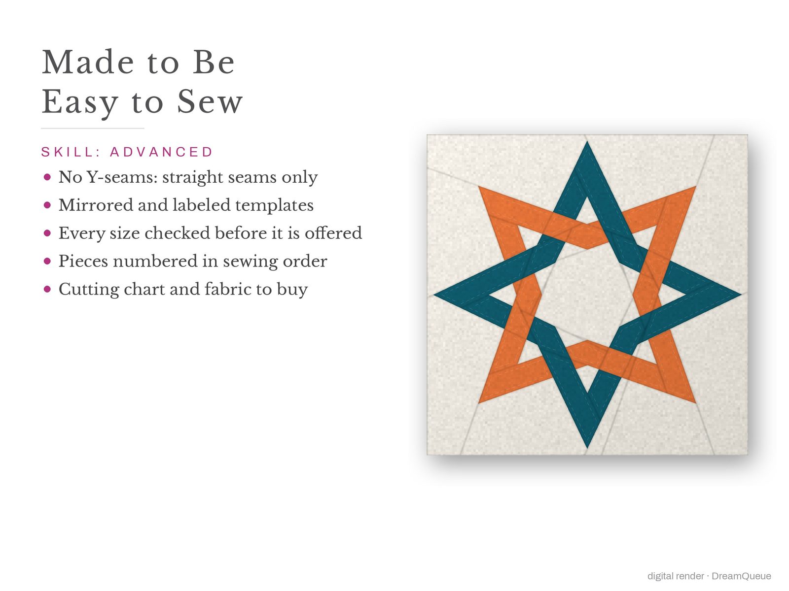 Knotted Star: Skill level advanced: no Y-seams, mirrored and labeled templates, every size checked, pieces numbered in sewing order, cutting chart and fabric to buy