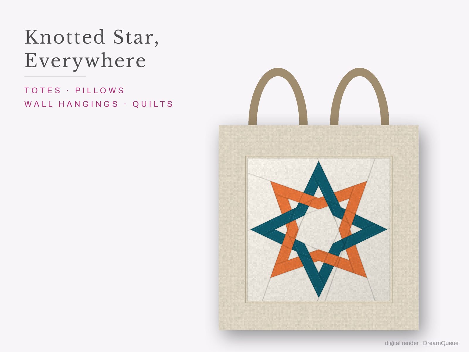 The Knotted Star quilt block sewn into a tote bag, one idea for totes, pillows, wall hangings and quilts