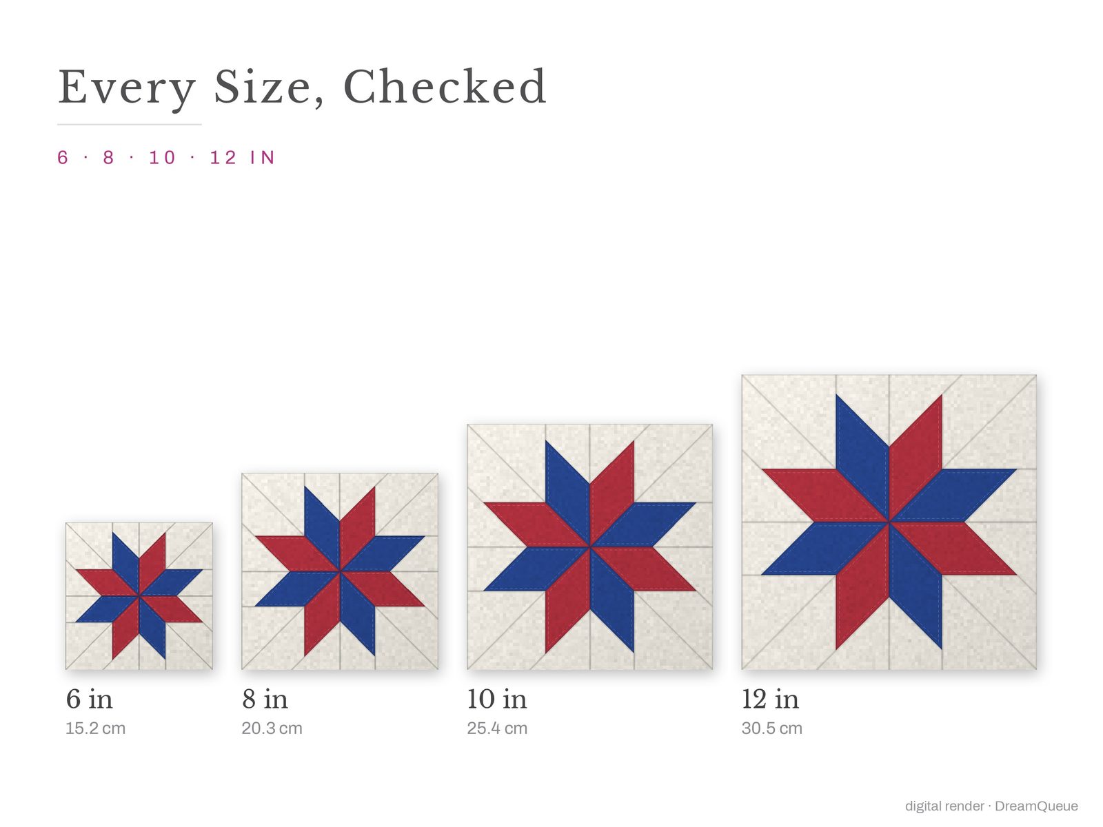 The LeMoyne Star quilt block at every finished size: 6, 8, 10 and 12 inch