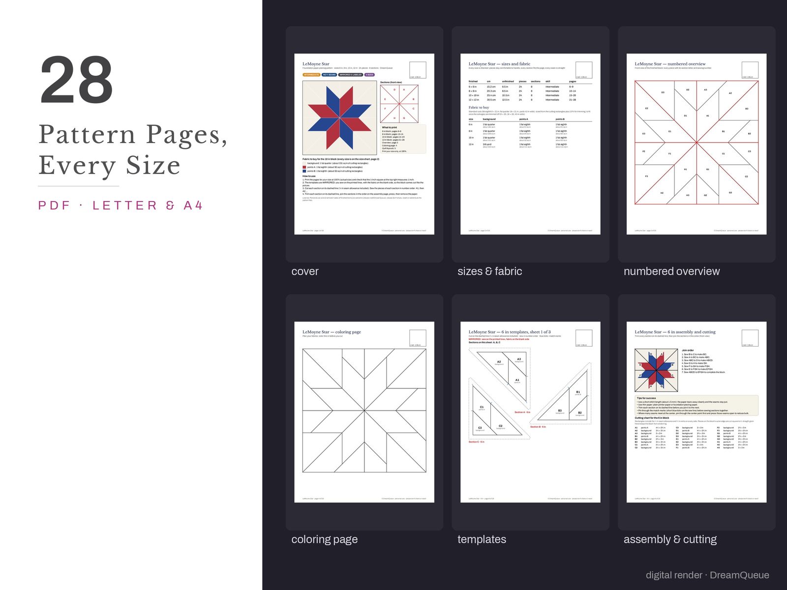Thumbnails of the LeMoyne Star quilt block pattern pages: cover, size and fabric chart, numbered overview, coloring page, templates, assembly and cutting chart