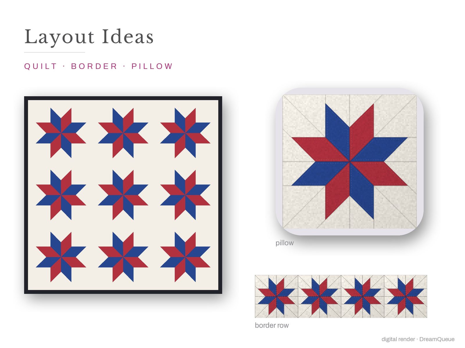 Layout ideas for the LeMoyne Star quilt block: a full quilt, a border row and a pillow