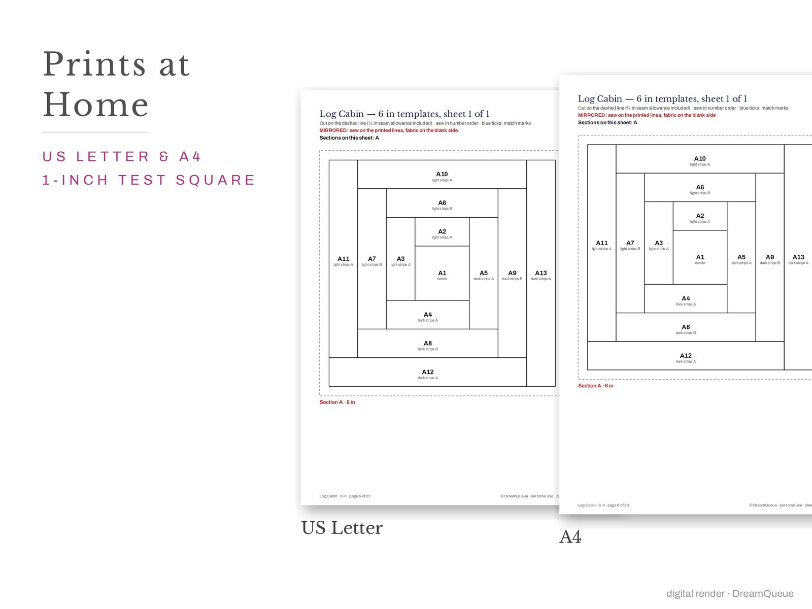 Log cabin quilt block templates printed on US Letter and A4 paper with a 1-inch test square to check the print scale