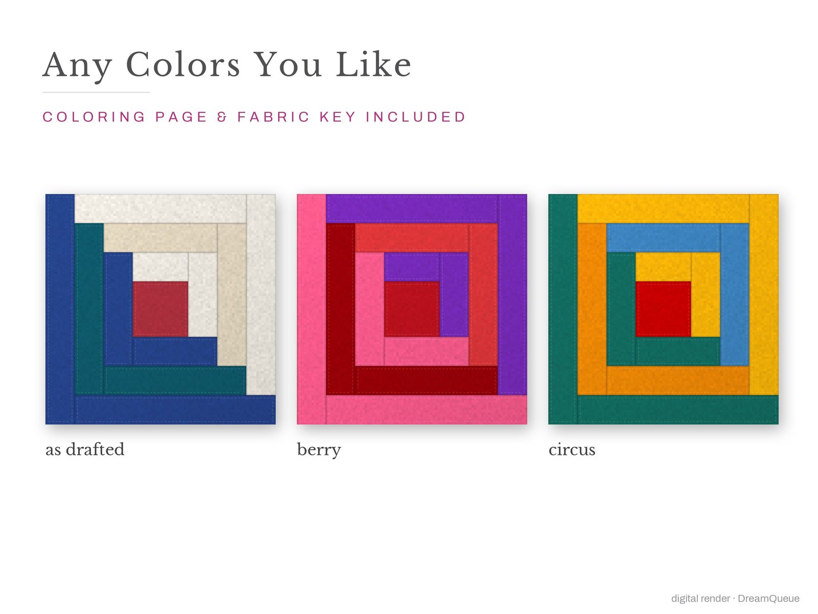 The Log Cabin quilt block in three colorways, as drafted, pastel and jewel tones; a coloring page and fabric key are included
