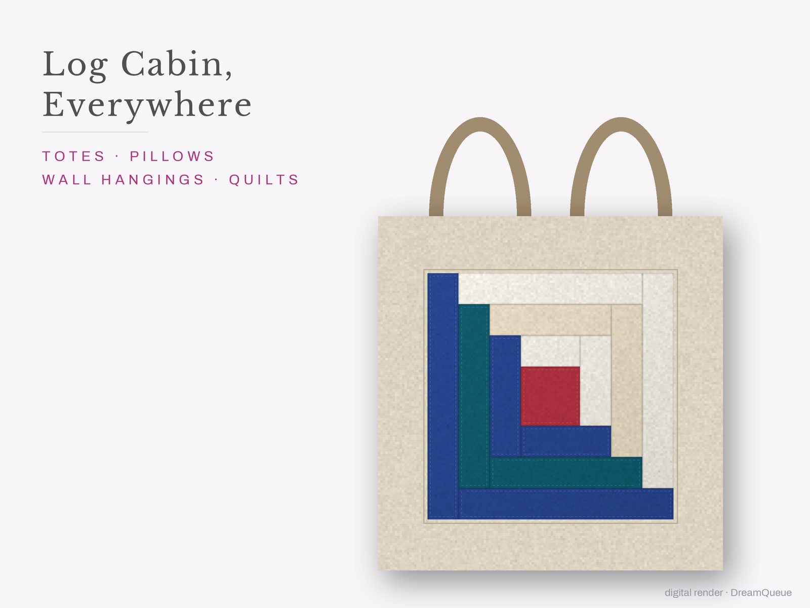The Log Cabin quilt block sewn into a tote bag, one idea for totes, pillows, wall hangings and quilts
