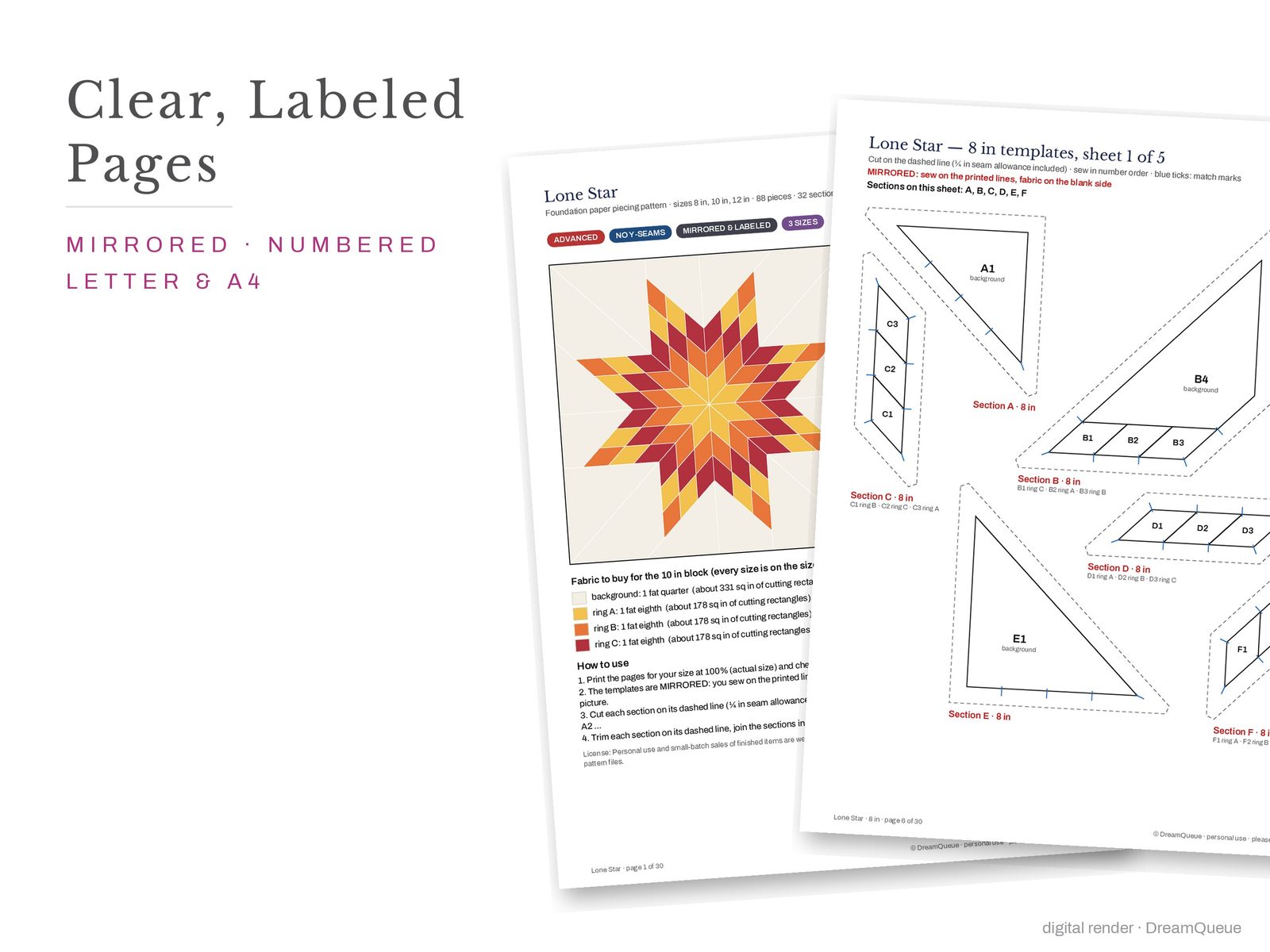 Cover page and a mirrored, numbered template sheet from the Lone Star quilt block FPP pattern