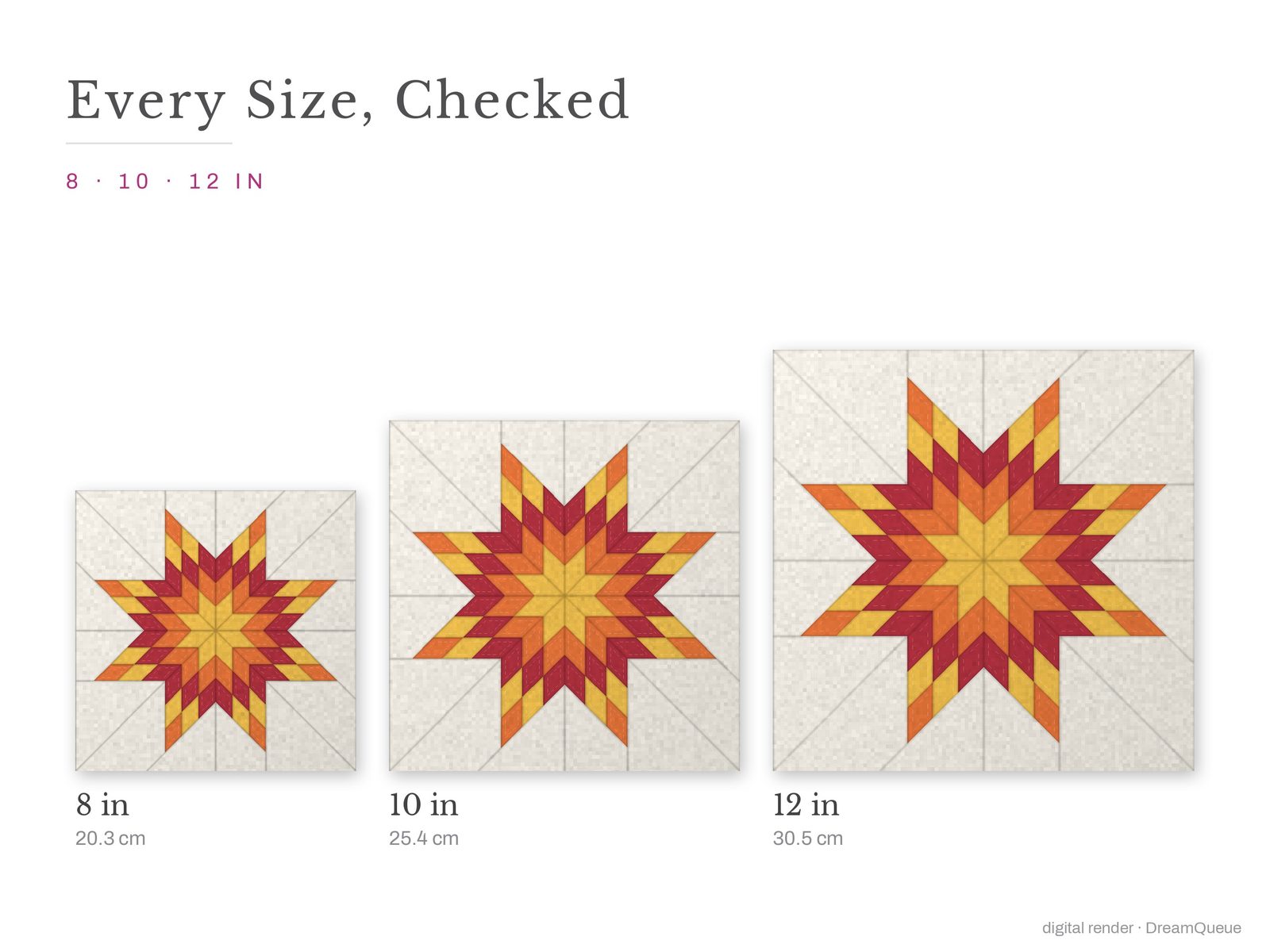 The Lone Star quilt block at every finished size: 8, 10 and 12 inch