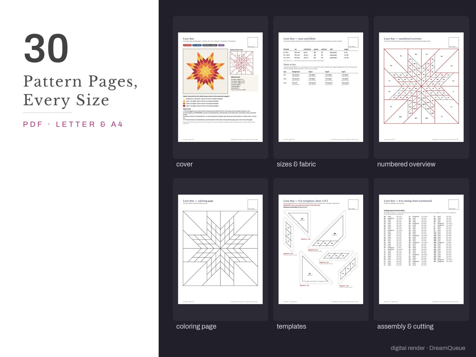 Thumbnails of the Lone Star quilt block pattern pages: cover, size and fabric chart, numbered overview, coloring page, templates, assembly and cutting chart
