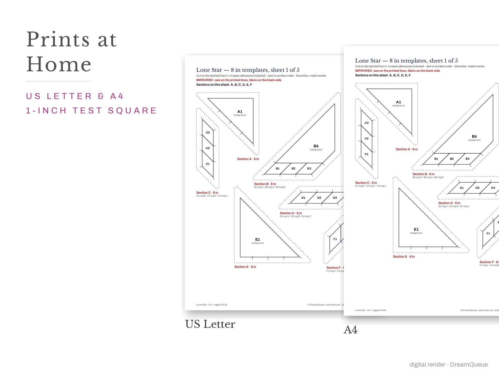Lone star quilt block templates printed on US Letter and A4 paper with a 1-inch test square to check the print scale