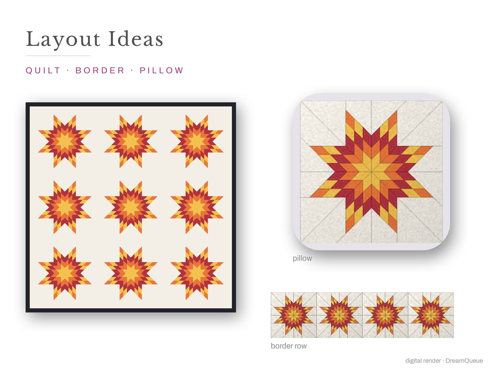 Layout ideas for the Lone Star quilt block: a full quilt, a border row and a pillow