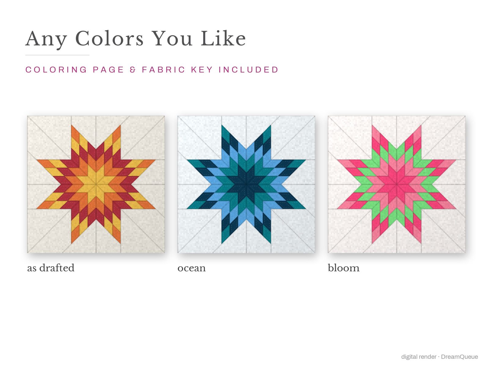 The Lone Star quilt block in three colorways, as drafted, pastel and jewel tones; a coloring page and fabric key are included