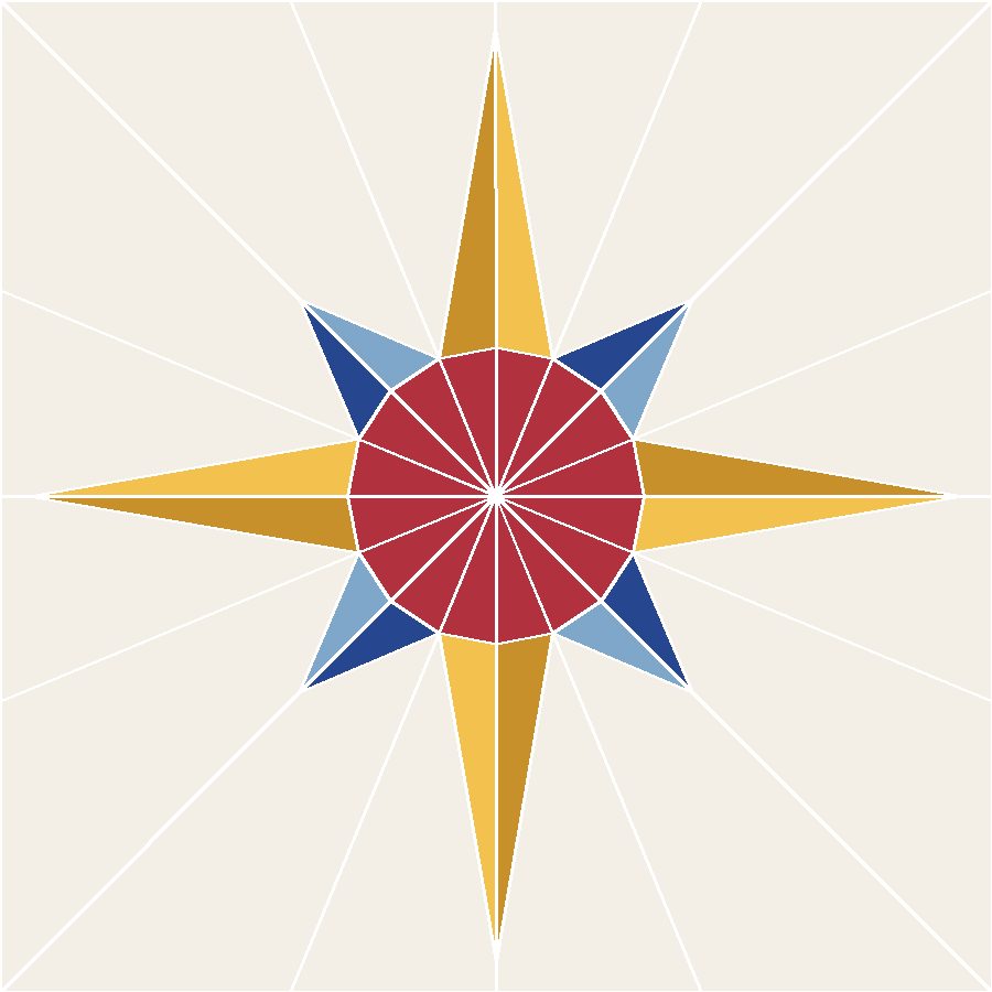 8-Point Mariner's Compass Quilt Block Pattern with every seam line shown