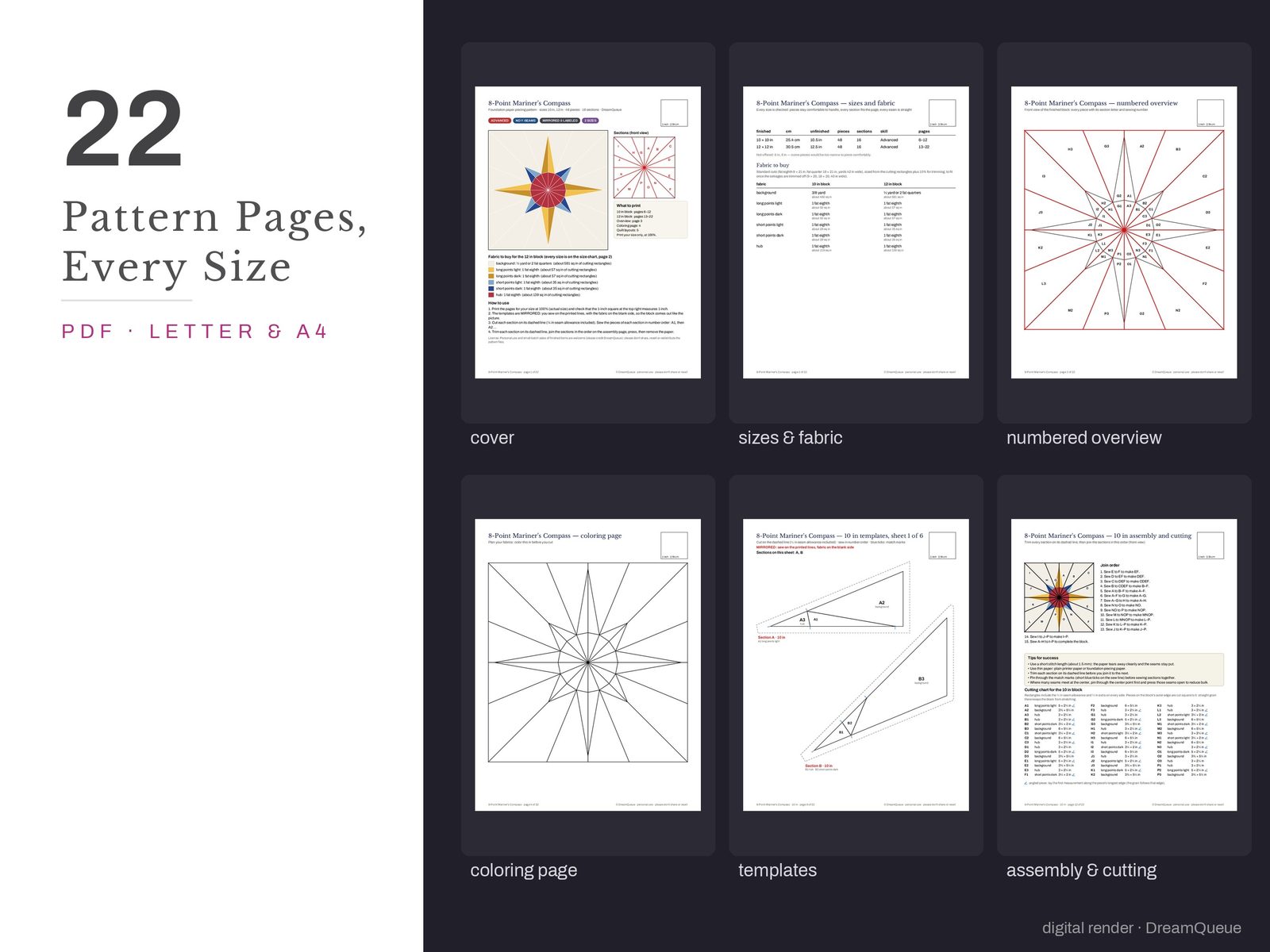 Thumbnails of the 8-Point Mariner's Compass quilt block pattern pages: cover, size and fabric chart, numbered overview, coloring page, templates, assembly and cutting chart