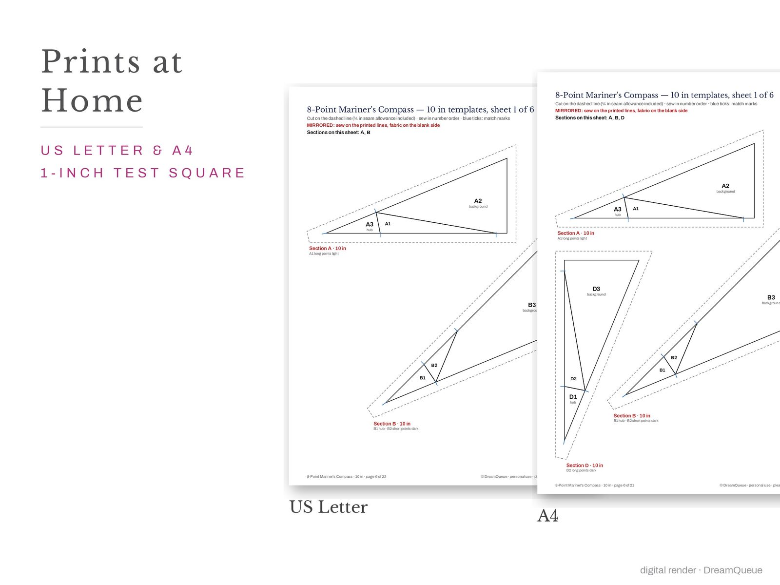 8-point mariner's compass quilt block templates printed on US Letter and A4 paper with a 1-inch test square to check the print scale