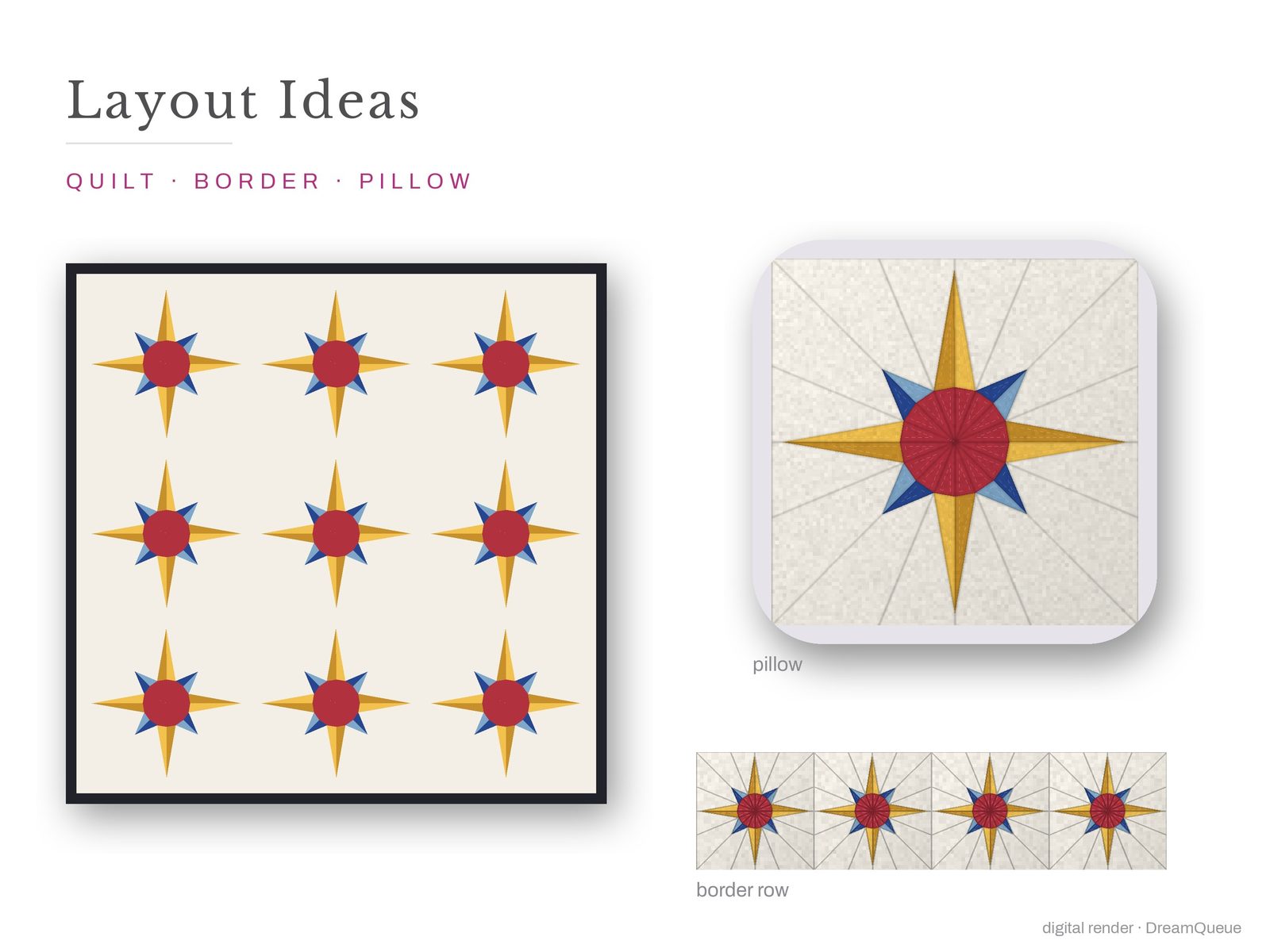 Layout ideas for the 8-Point Mariner's Compass quilt block: a full quilt, a border row and a pillow