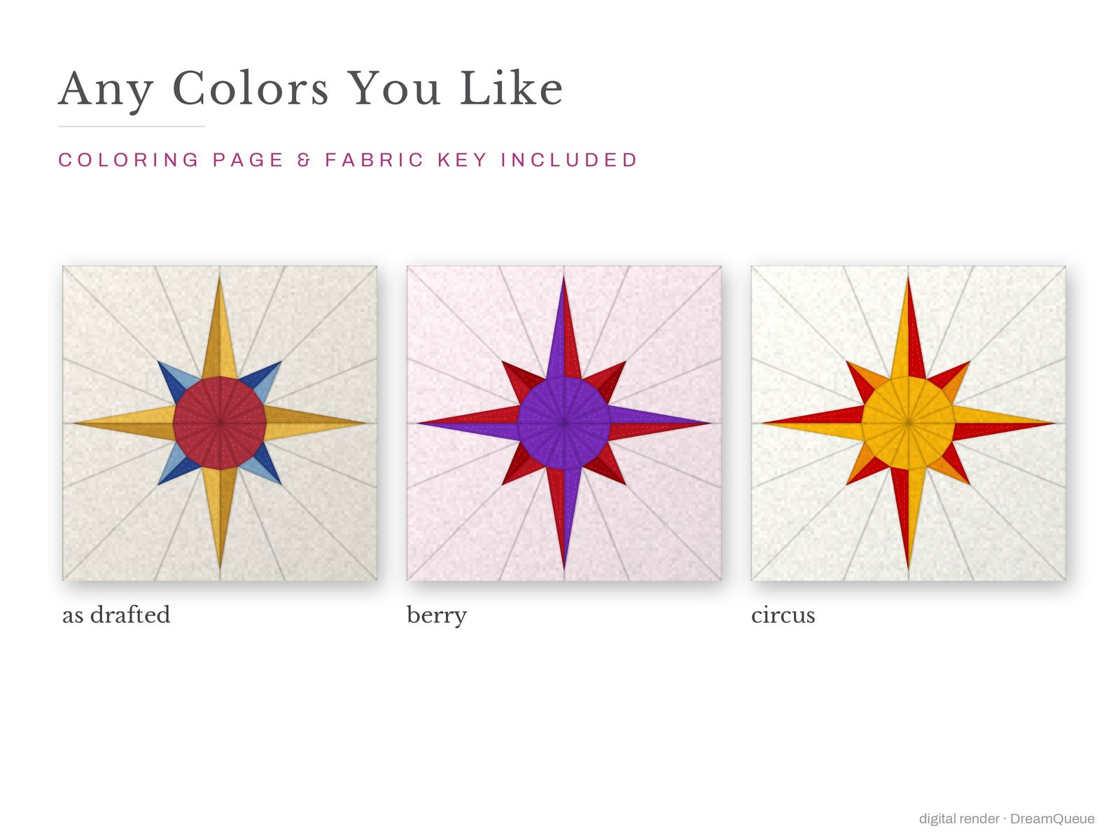 The 8-Point Mariner's Compass quilt block in three colorways, as drafted, pastel and jewel tones; a coloring page and fabric key are included