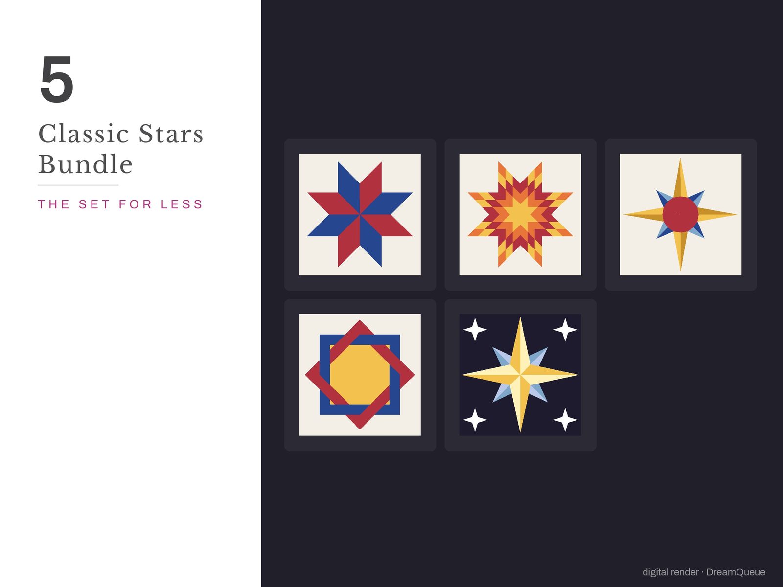 The Classic Stars bundle: 5 quilt blocks including the 8-Point Mariner's Compass, sold together for less